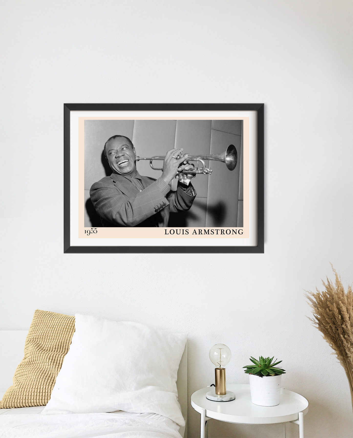 Louis Armstrong Retro Concert Poster in landscape 20 mount mockup, black and white jazz design above modern bed decor.