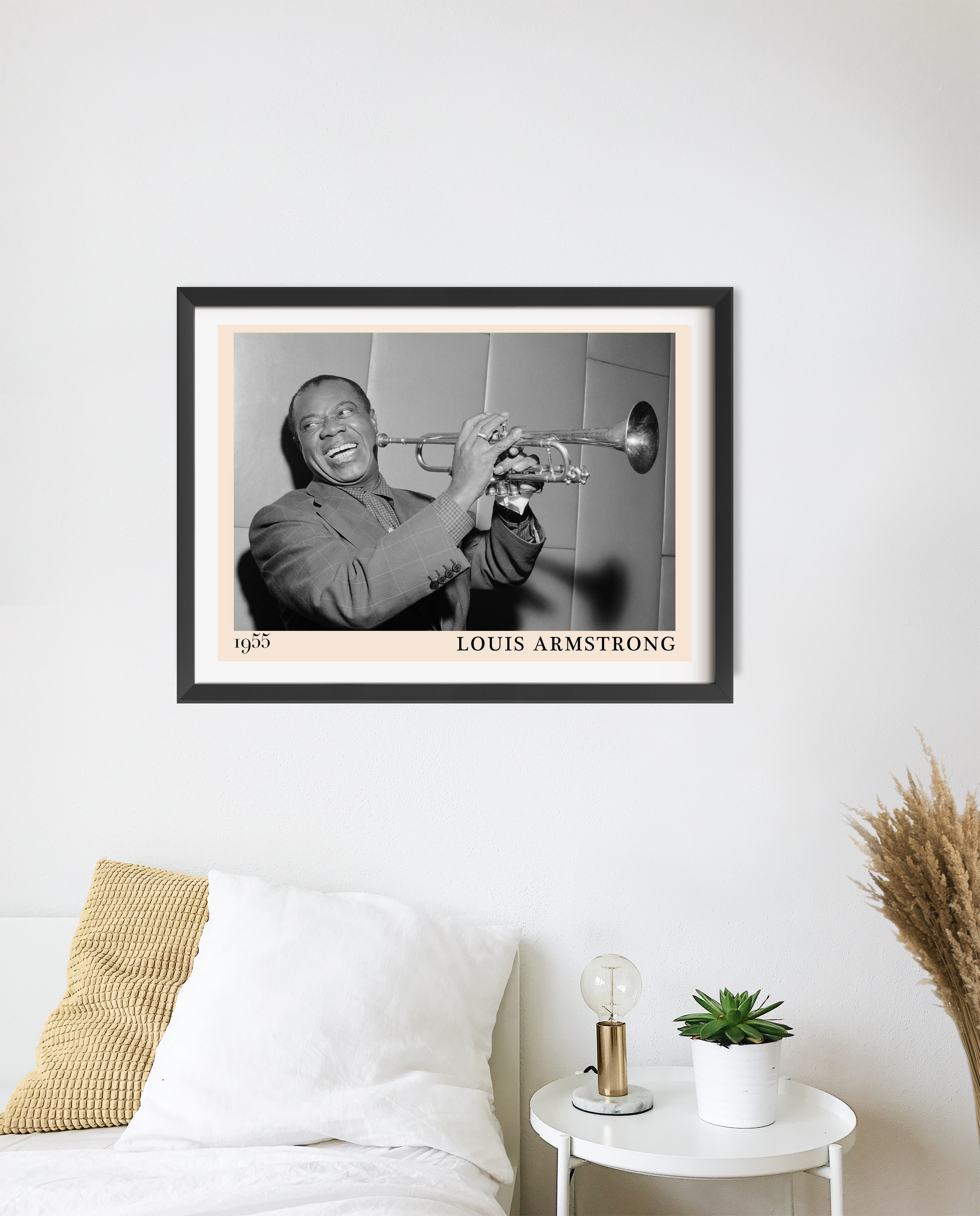 Louis Armstrong Retro Concert Poster in landscape 20 mount mockup, black and white jazz design above modern bed decor.