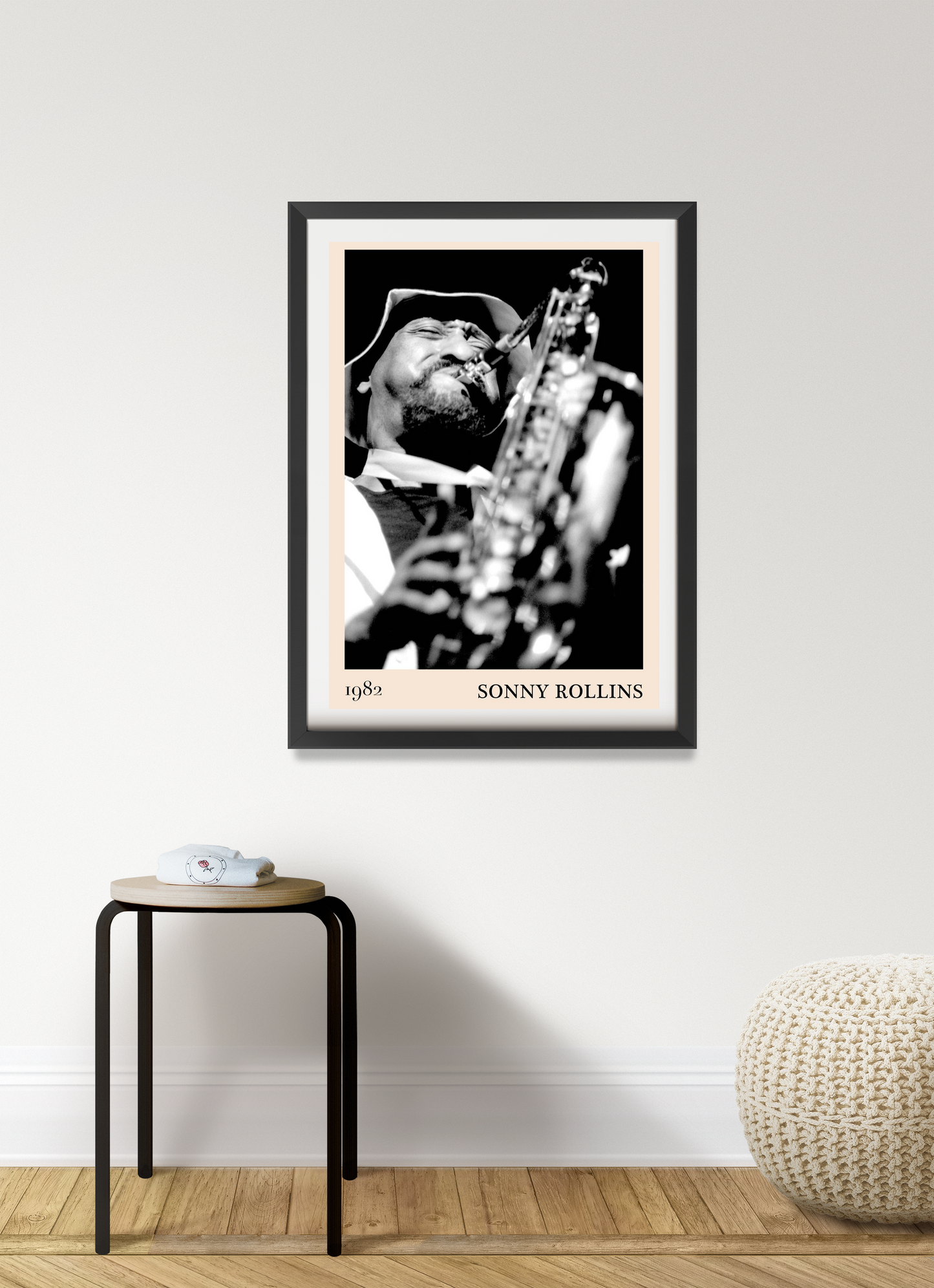 Sonny Rollins Jazz Concert Poster in portrait 7 mount mockup, black and white saxophone design on modern interior wall.
