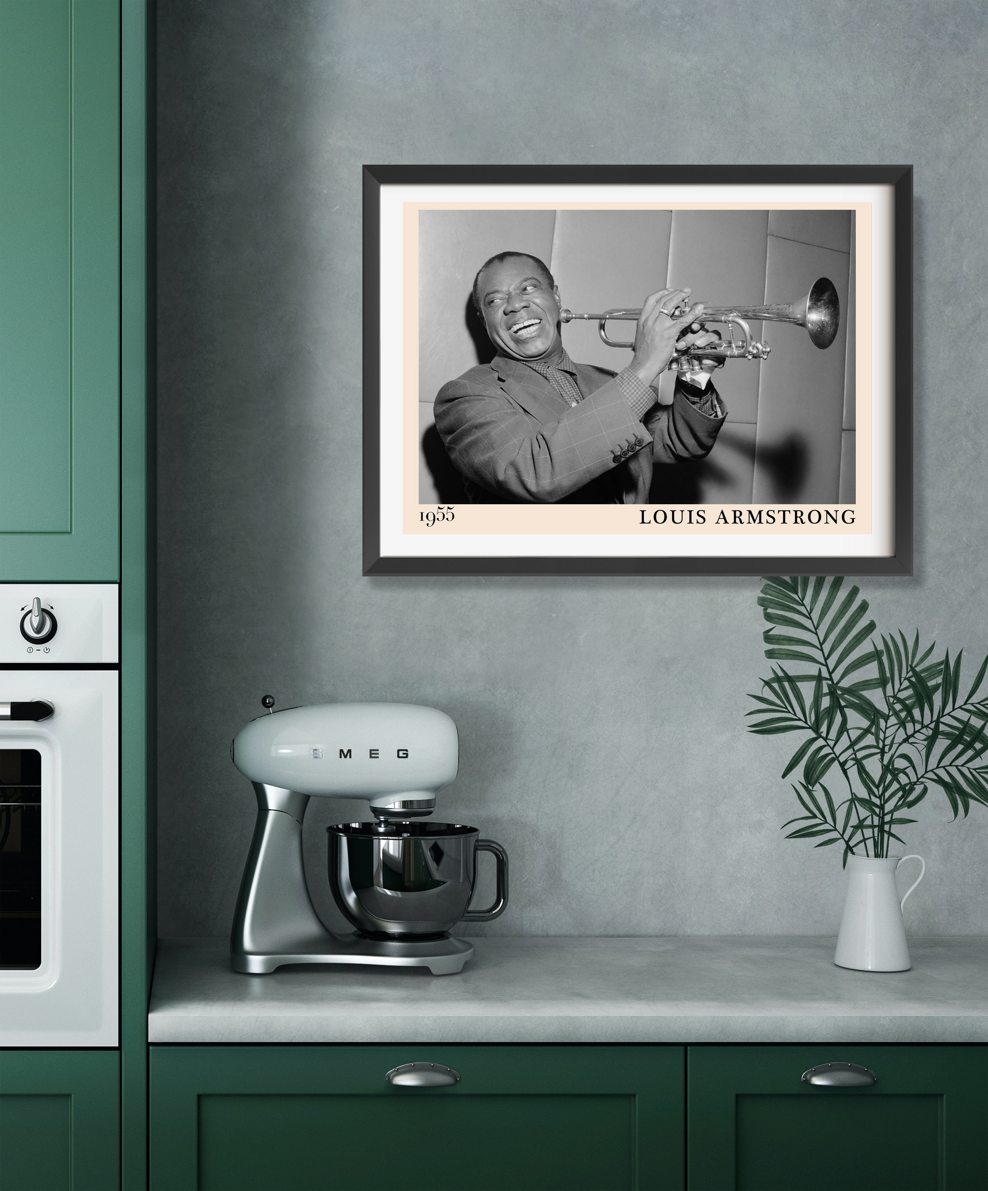 Louis Armstrong Retro Concert Poster in landscape 22 mount mockup, framed on modern kitchen wall with mixer and plant nearby.