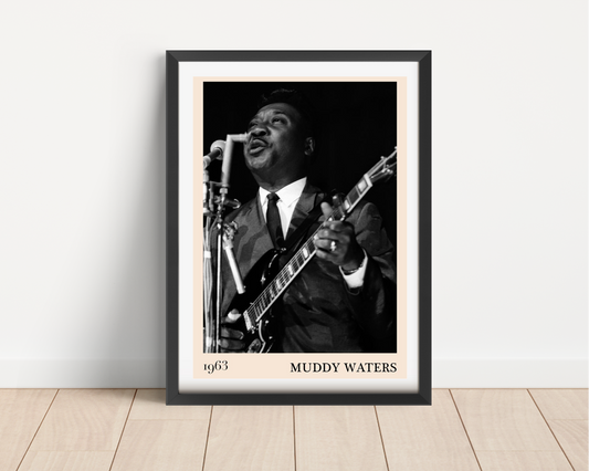Muddy Water Blues concert poster in portrait main mount mockup, black frame on wood floor, vintage photo design, 1963 text.