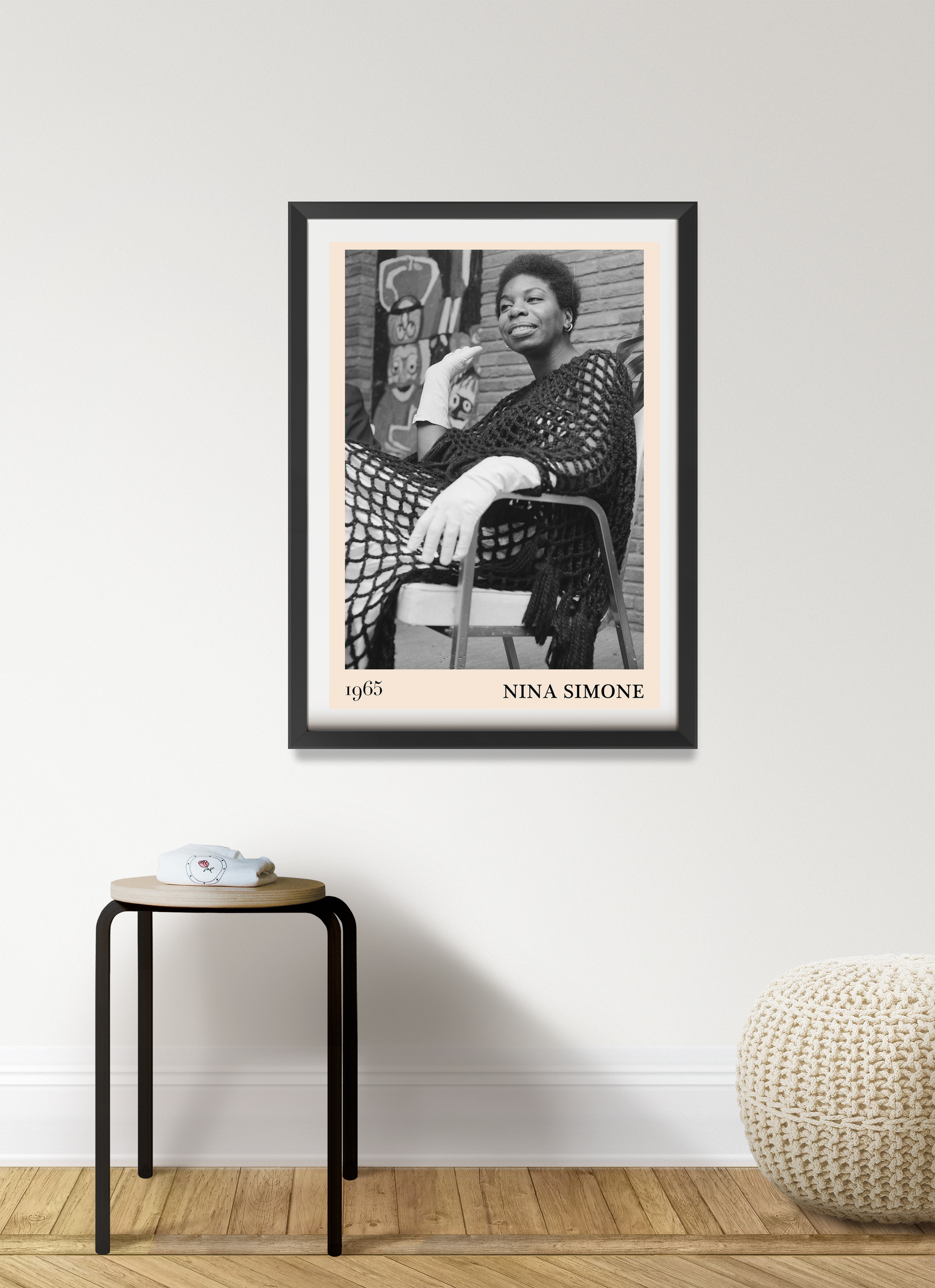 Nina Simone Jazz Print in portrait 7 mount mockup, black frame on white wall, vintage photo design above stool.