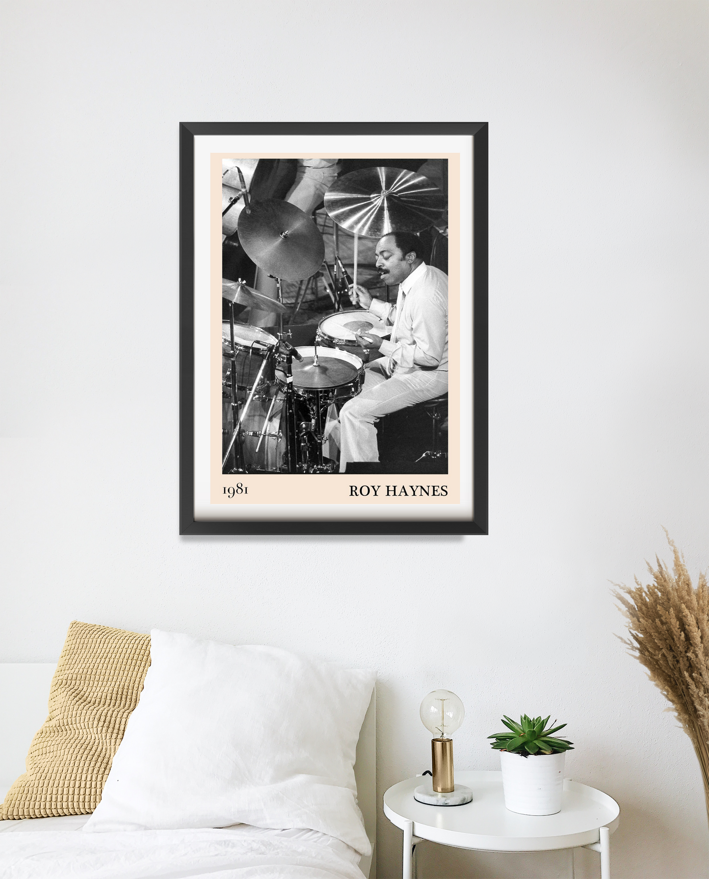 Roy Haynes Jazz Concert Poster in portrait 20 mount mockup, black and white drummer design above modern bedroom setup