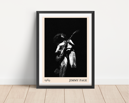 Jimmy Page Retro Rock Concert Poster in black frame, portrait mount on wood floor, bold monochrome 1969 stage photo design