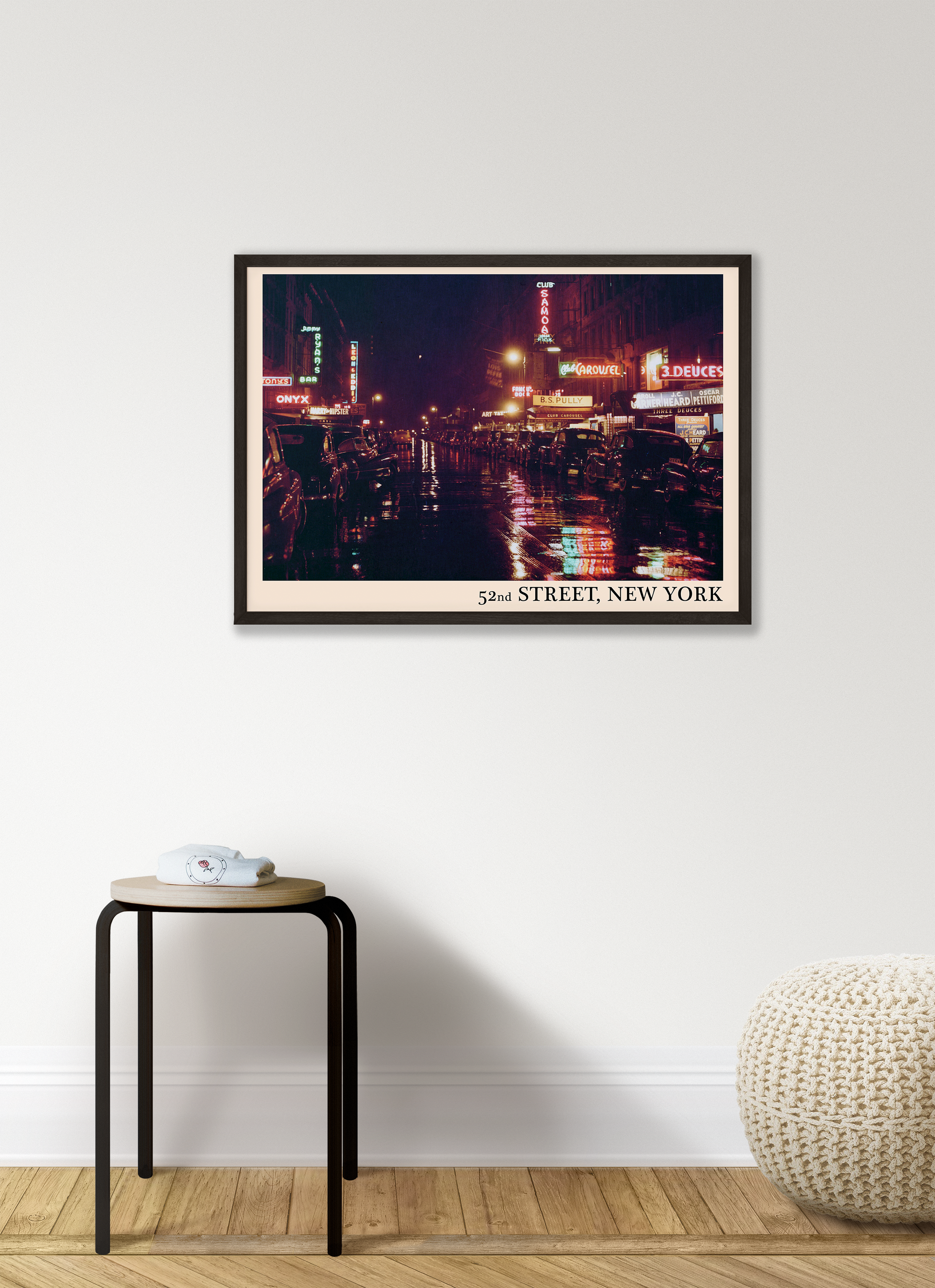 Iconic 52nd Street in New York captured in a retro black framed jazz venue poster, hanging on a white living room wall