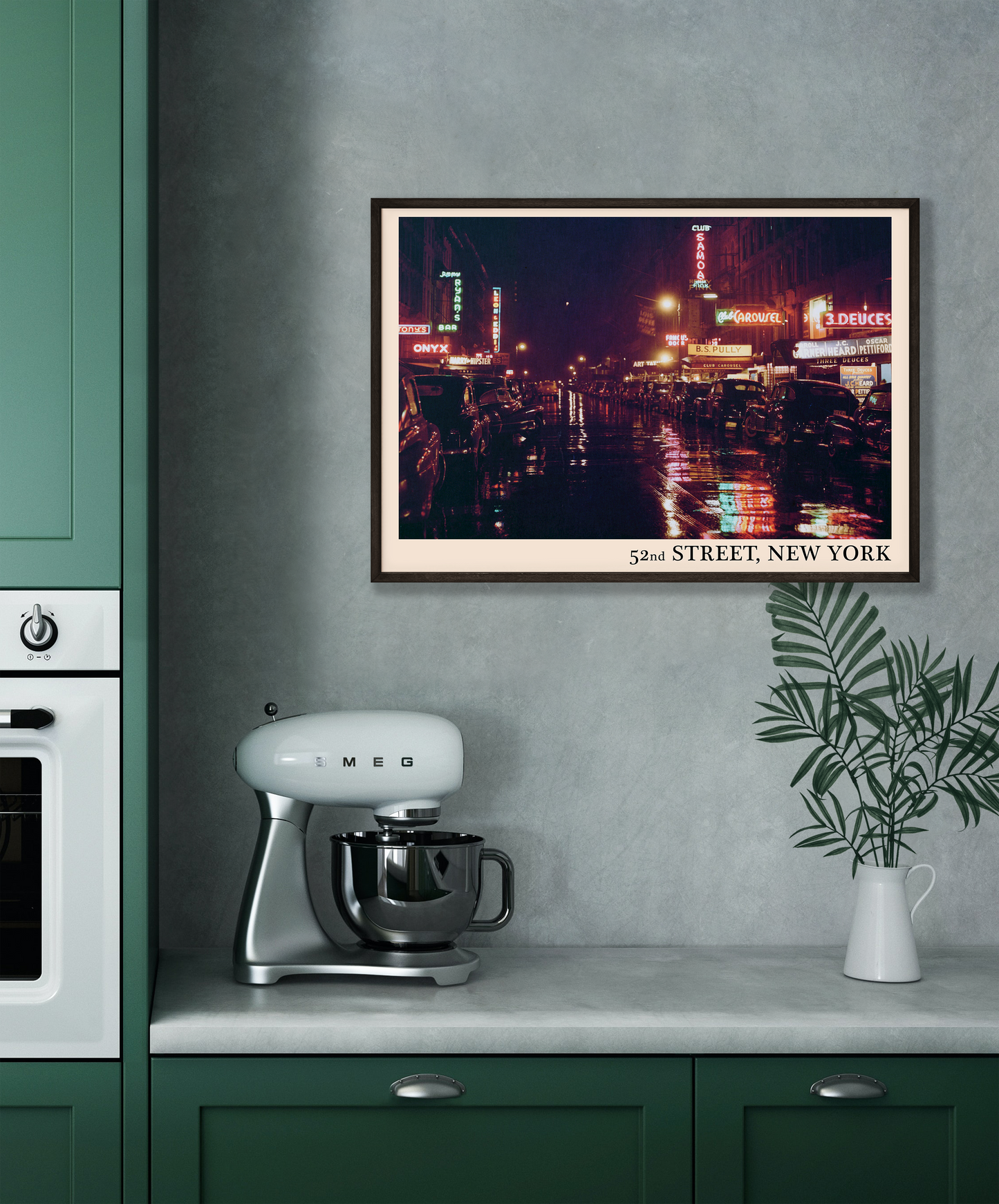 Iconic 52nd Street in New York captured in a retro black framed jazz venue print, hanging on a grey kitchen wall