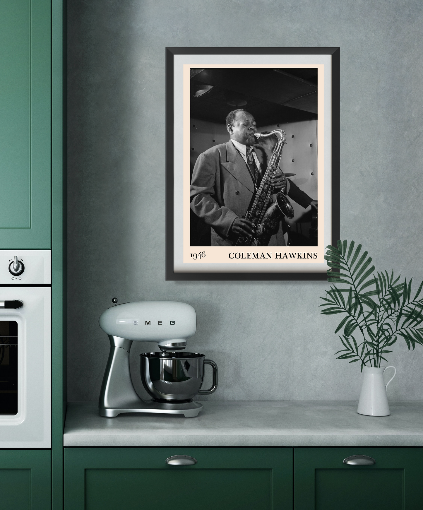 Coleman Hawkins Jazz Concert Poster in Portrait 22 Mount mockup, black and white saxophonist art framed in modern kitchen.