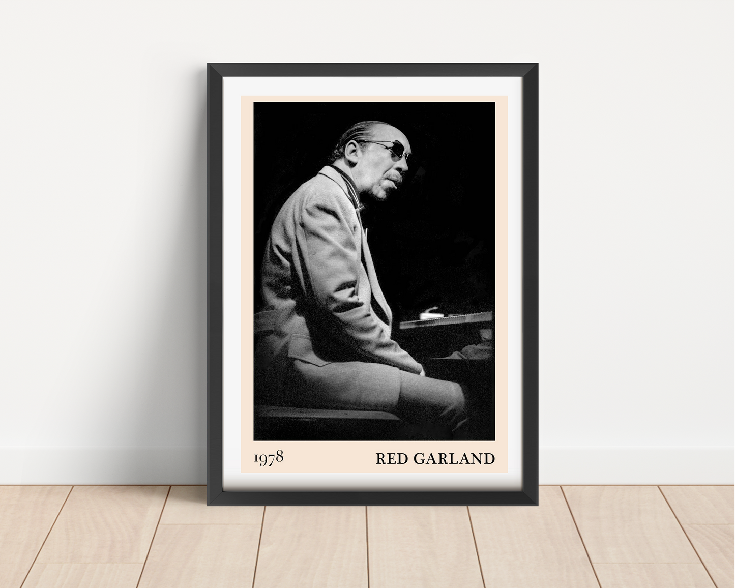 Red Garland Cool Jazz Print in portrait main mount mockup, black frame on wood floor, vintage 1978 jazz musician design
