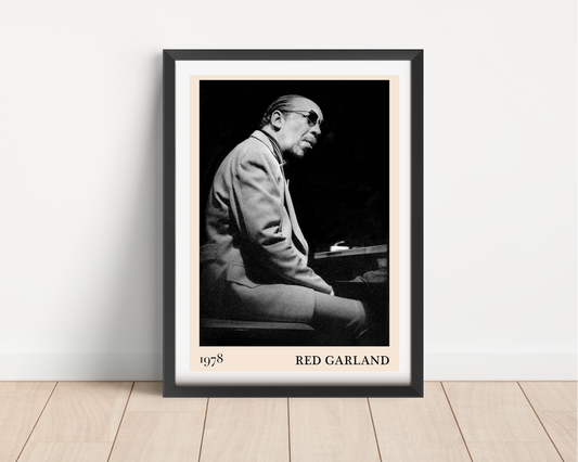 Red Garland Cool Jazz Print in portrait main mount mockup, black frame on wood floor, vintage 1978 jazz musician design