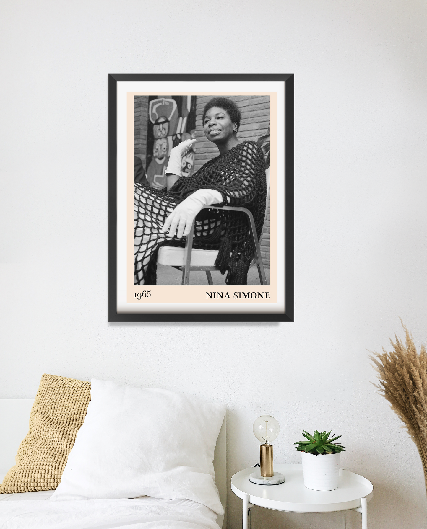Nina Simone Jazz Print in portrait 20 mount mockup, black and white photo framed above a modern white bed and nightstand.