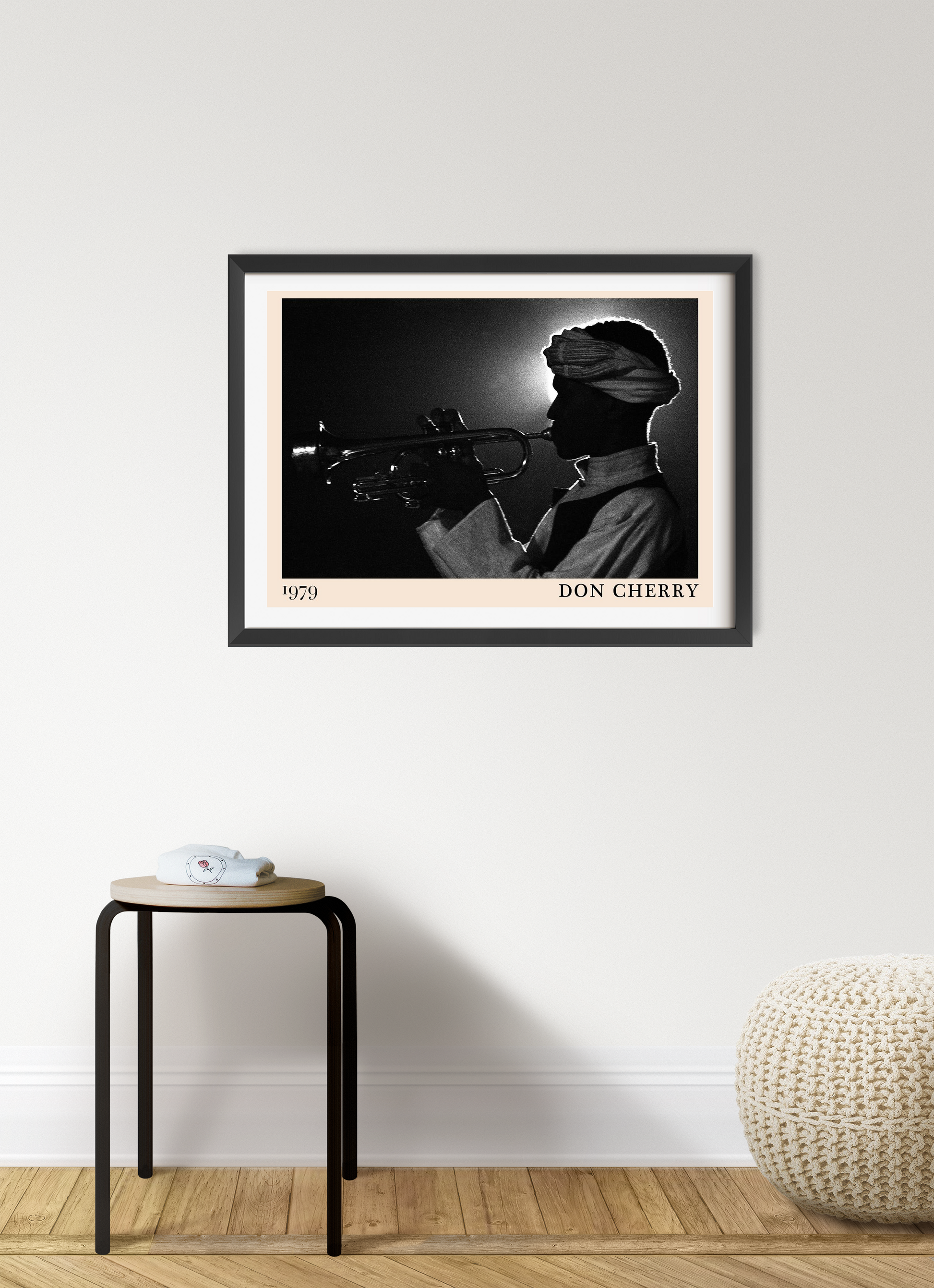 Don Cherry Jazz Poster in landscape 7 mount mockup, framed silhouette trumpet player wall art on modern white wall.