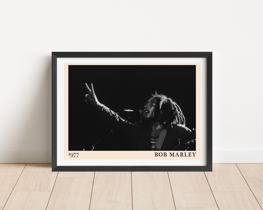 Bob Marley Iconic Peace Poster in landscape mount mockup, black-and-white portrait with peace sign, modern wood floor display