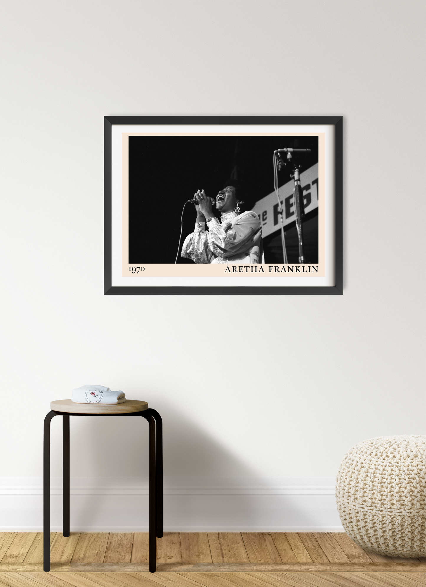 Aretha Franklin Vintage Jazz Poster in landscape 7 mount, black and white concert photo framed on modern living room wall