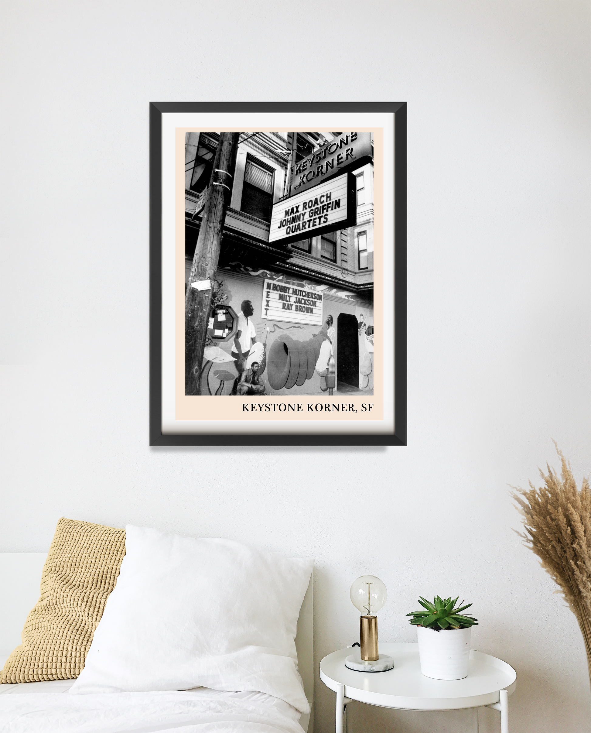 Keystone Korner Jazz Club Poster in portrait 20 mount mockup, black and white marquee design above cozy modern bed decor.