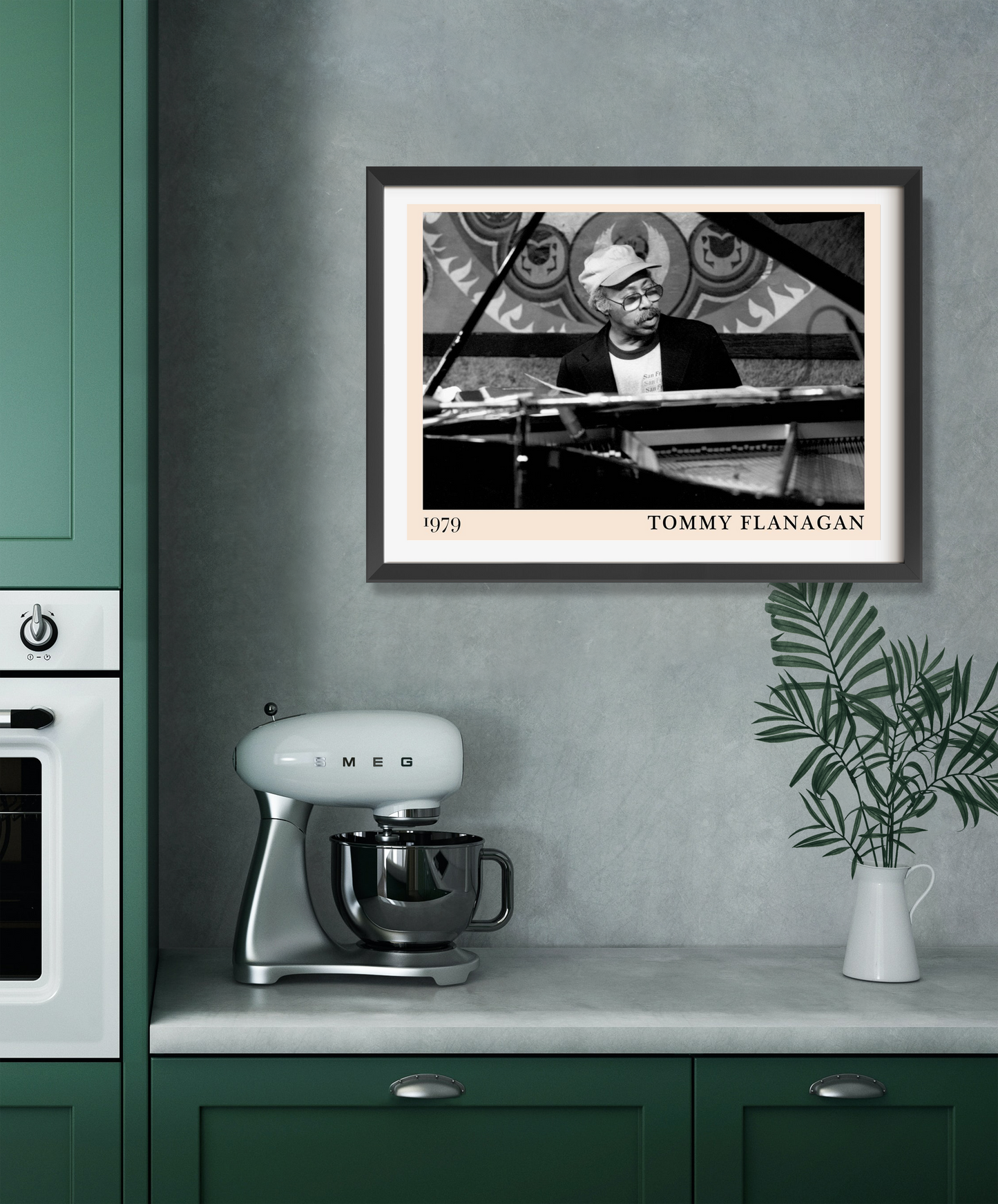 Landscape 22 Mount mockup featuring a framed Tommy Flanagan black and white art print displayed on a modern kitchen wall.