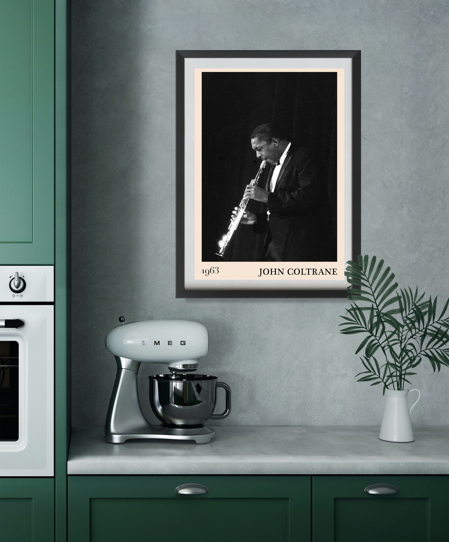John Coltrane Jazz Poster in portrait 22 mount mockup, black and white design above modern green kitchen counter decor.