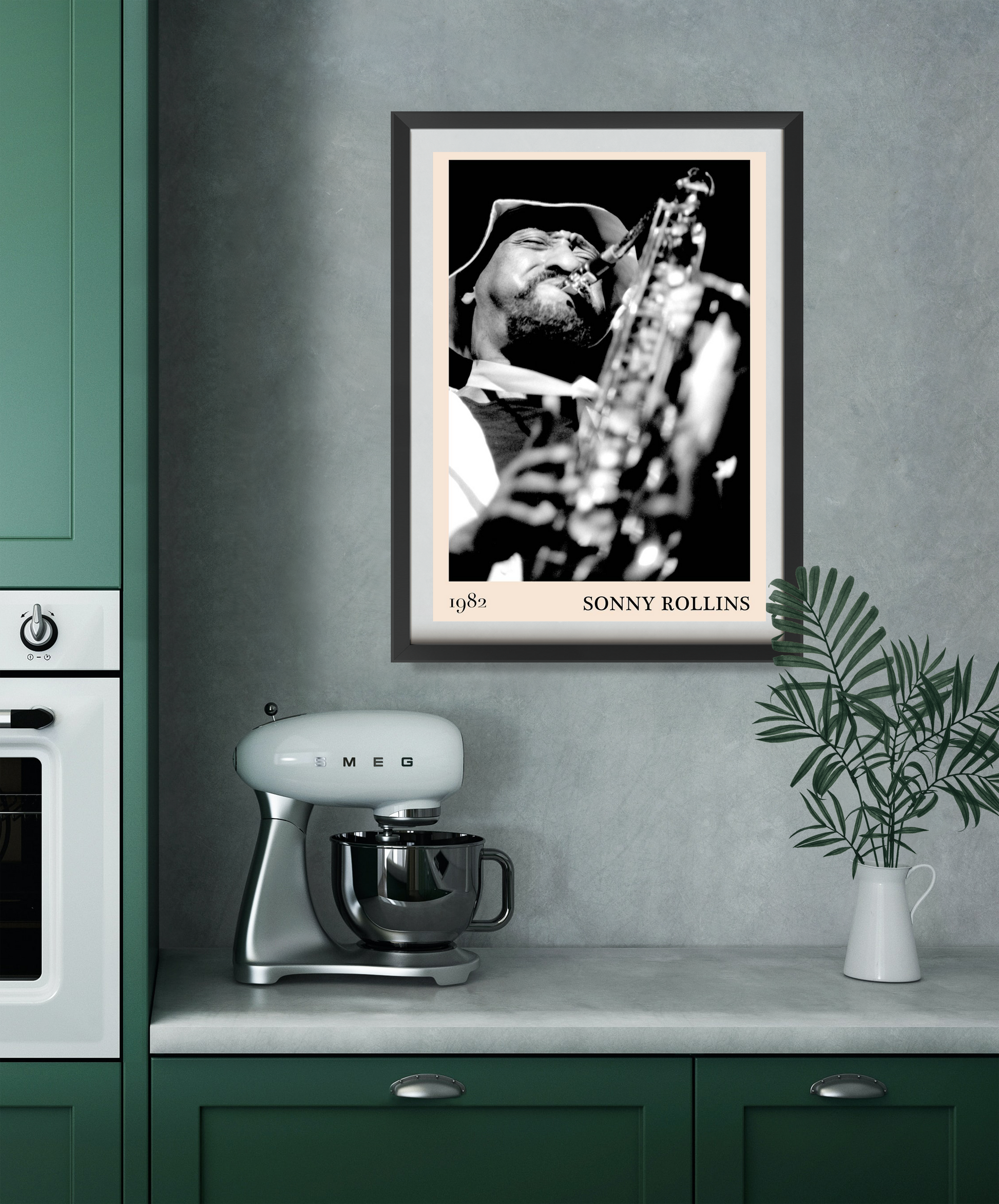 Sonny Rollins Jazz Concert Poster in portrait 22 mount mockup, black and white saxophonist art above kitchen counter decor.