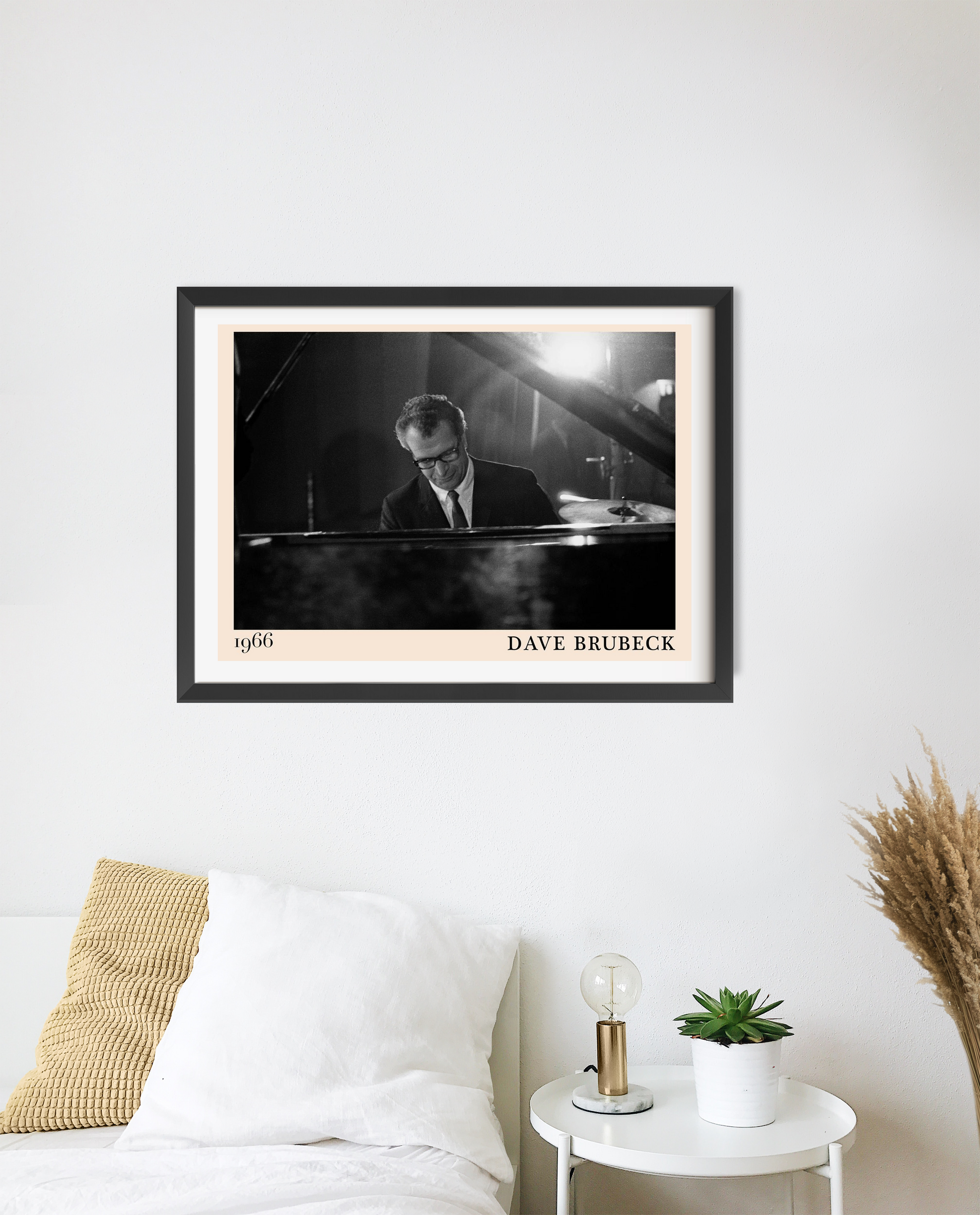 Dave Brubeck Retro Jazz Poster in landscape 20 mount mockup above bed, monochrome pianist design, modern bedroom decor settin