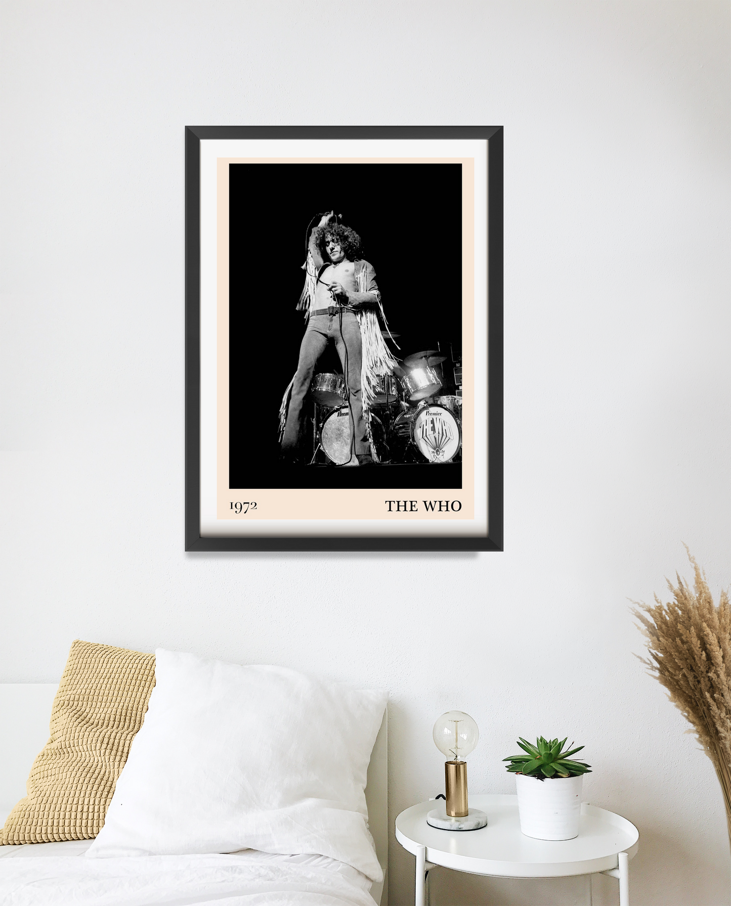 The Who Vintage Concert Poster in portrait 20 mount mockup, black and white rock band design above modern bed décor.