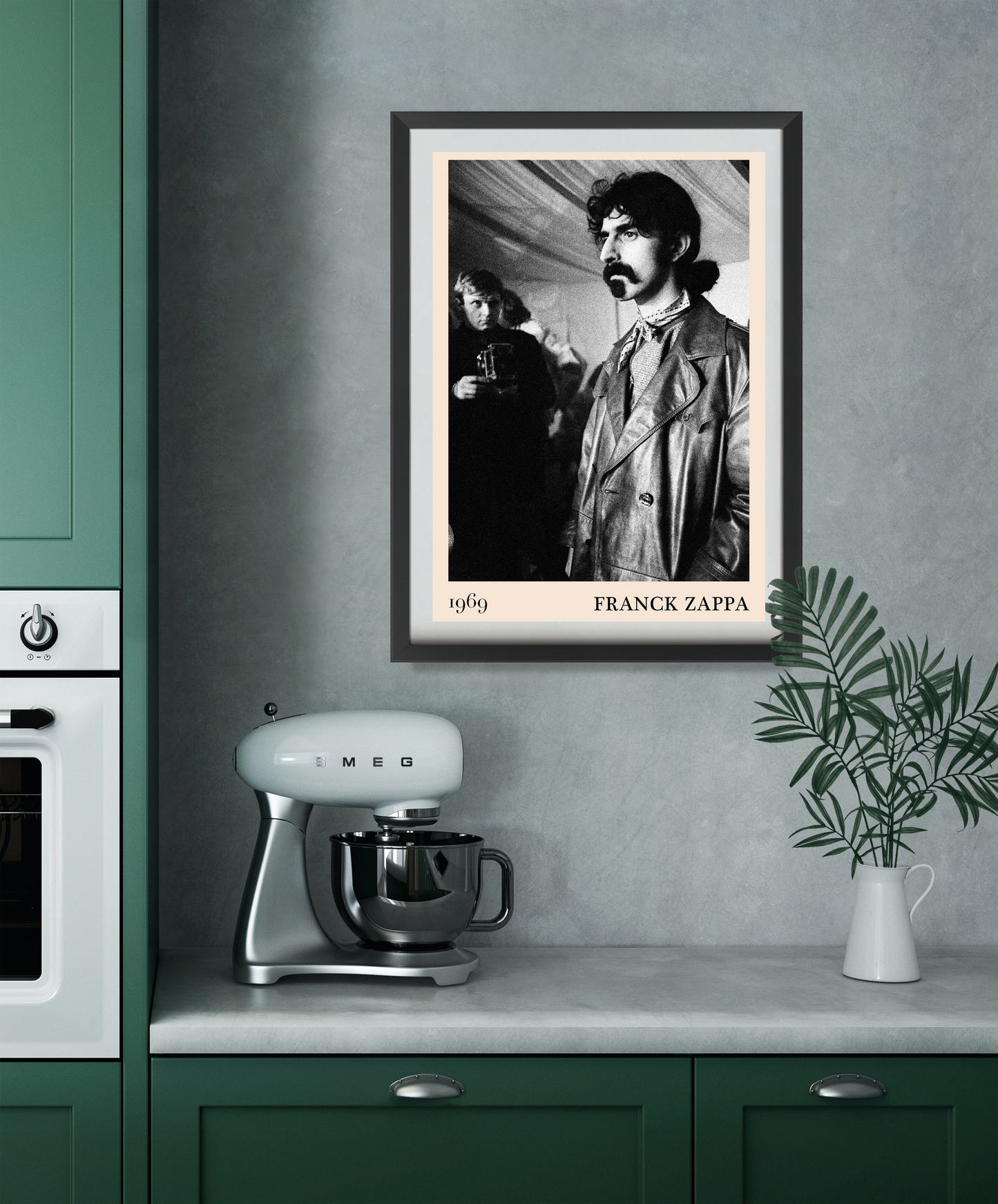 Franck Zappa Retro Concert Poster in a modern kitchen mockup, black and white portrait print framed above counter decor.