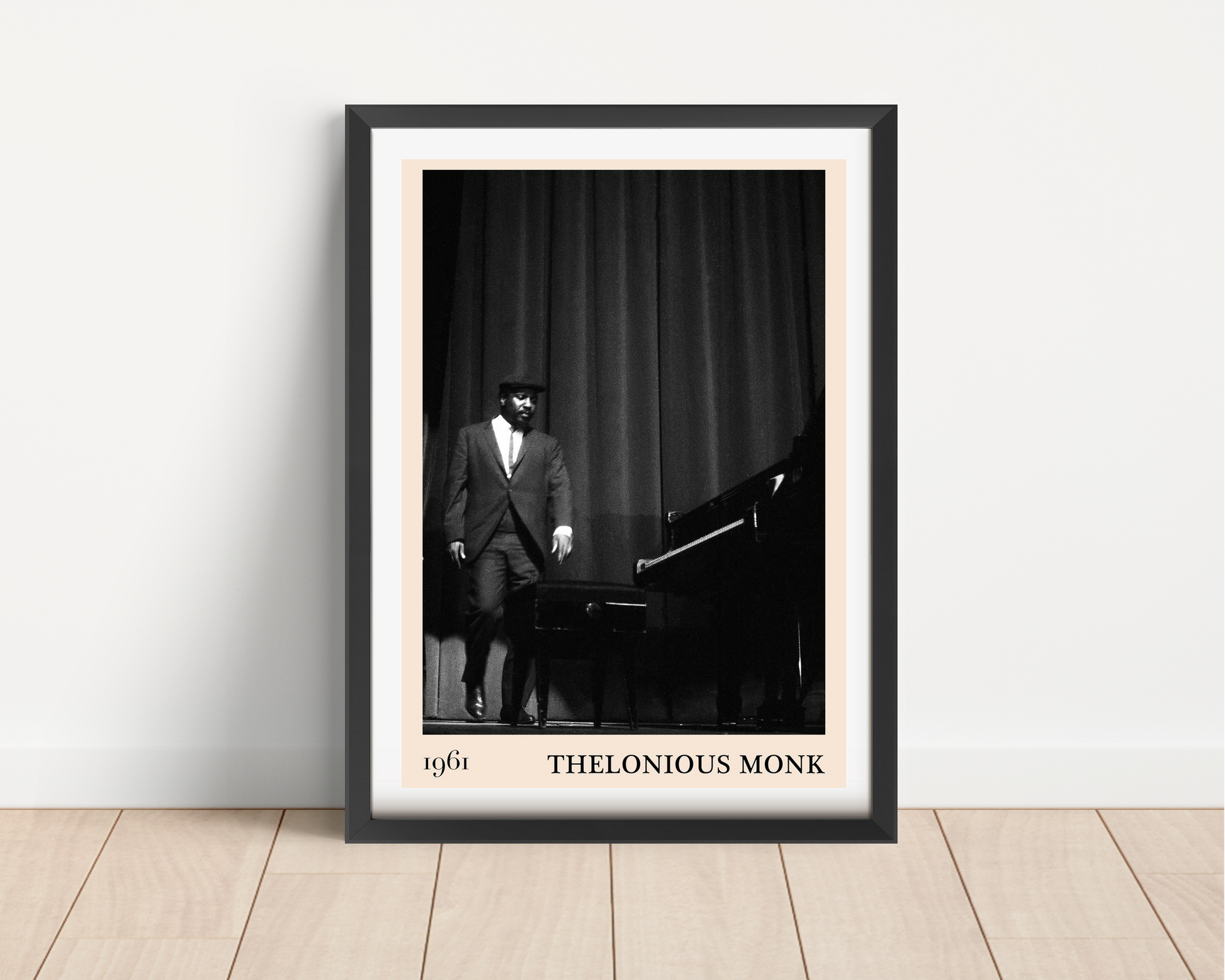 Thelonious Retro Jazz Poster in portrait frame mockup, black and white stage photo with piano, minimalist wall art design.