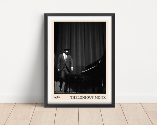 Thelonious Retro Jazz Poster in portrait frame mockup, black and white stage photo with piano, minimalist wall art design.