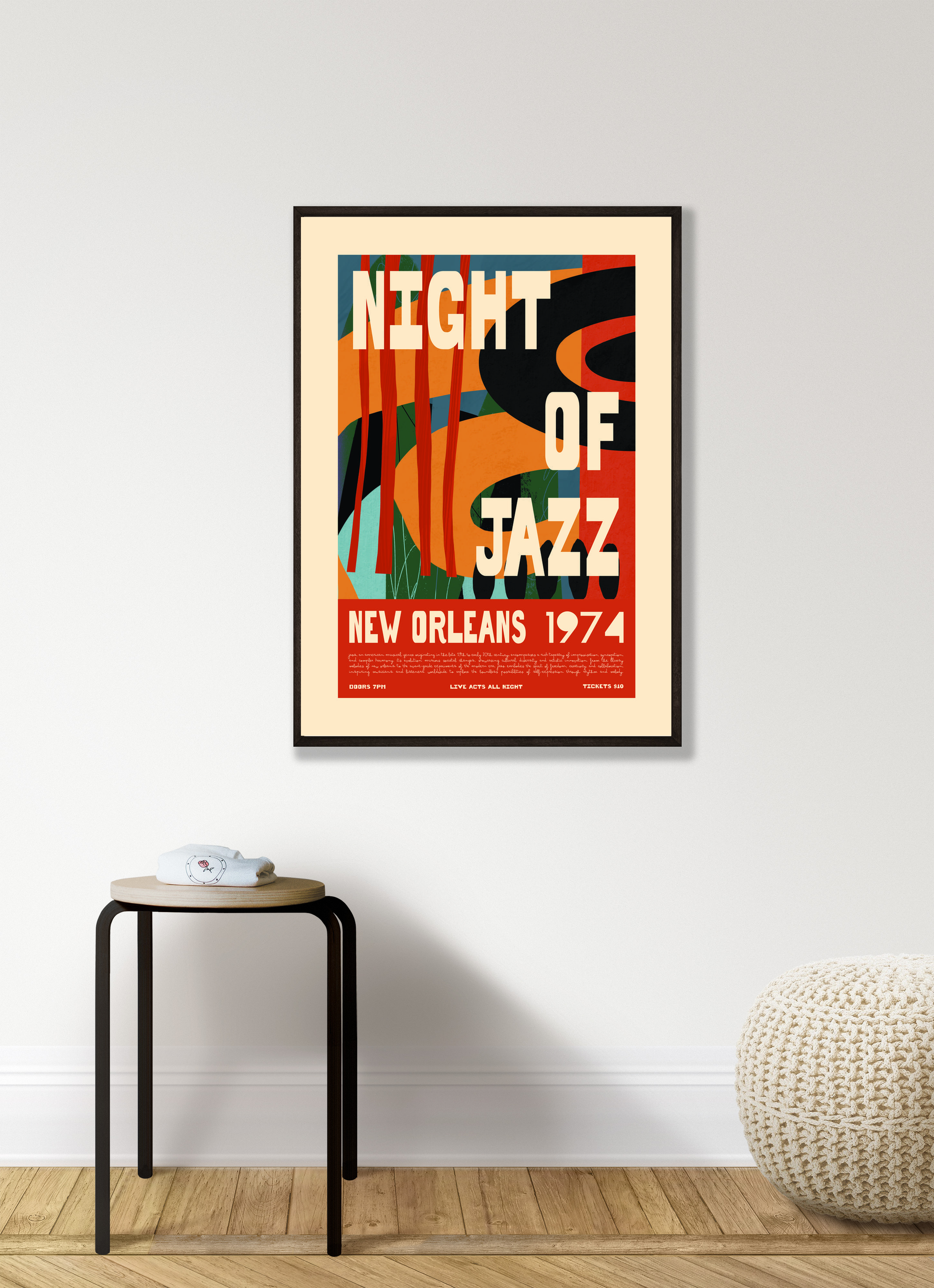 Retro Night of Jazz New Orleans 1974 Poster – Abstract Vintage Wall Art Print - Mockup