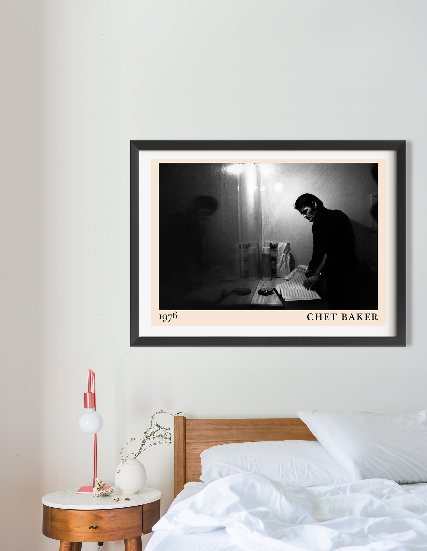 Chet Baker Retro Jazz Poster in landscape 16 mount, black and white jazz portrait above modern bed, minimal bedroom decor