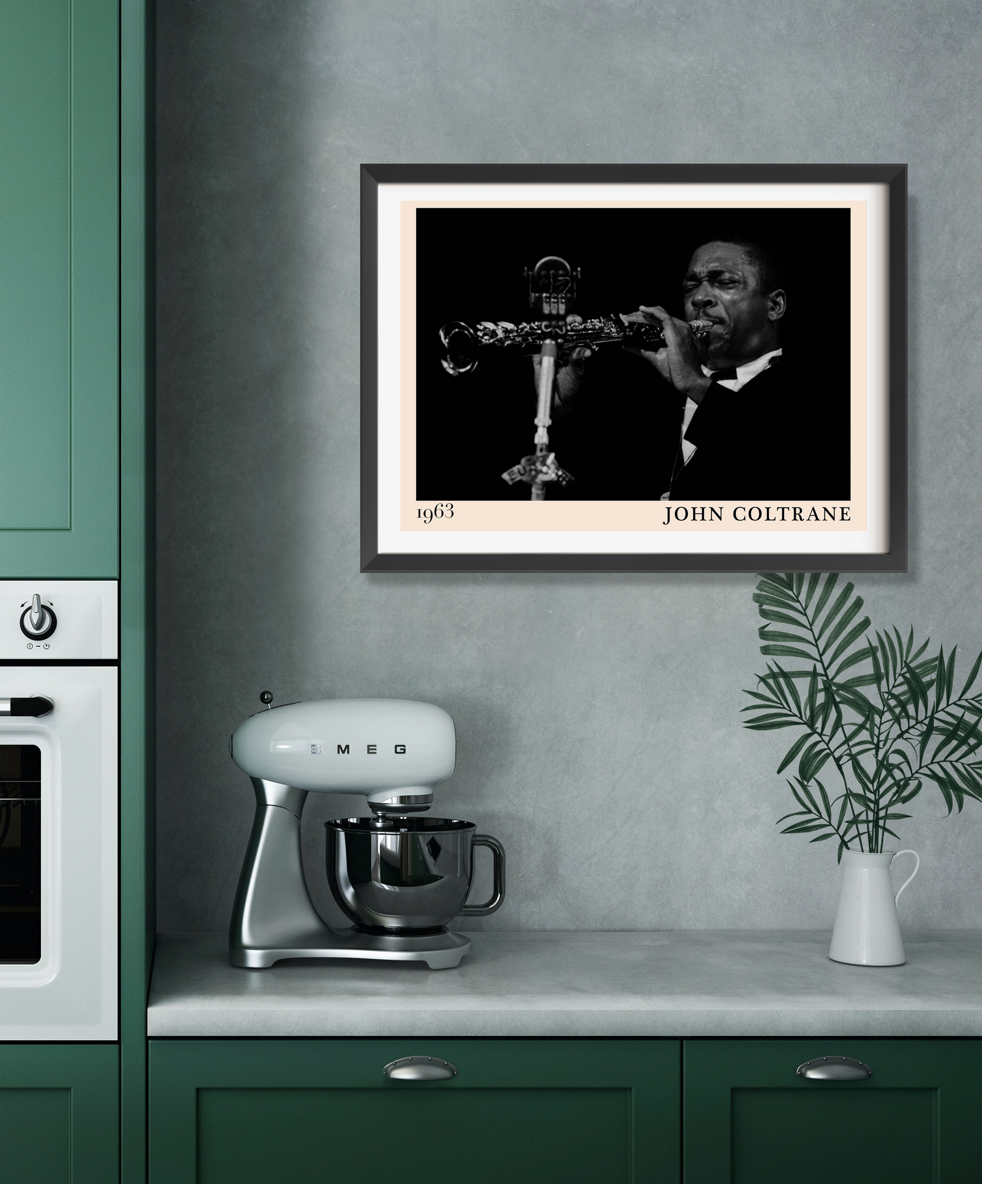 John Coltrane Retro Jazz Poster in landscape 22 mount mockup, black and white design above modern kitchen counter and mixer.