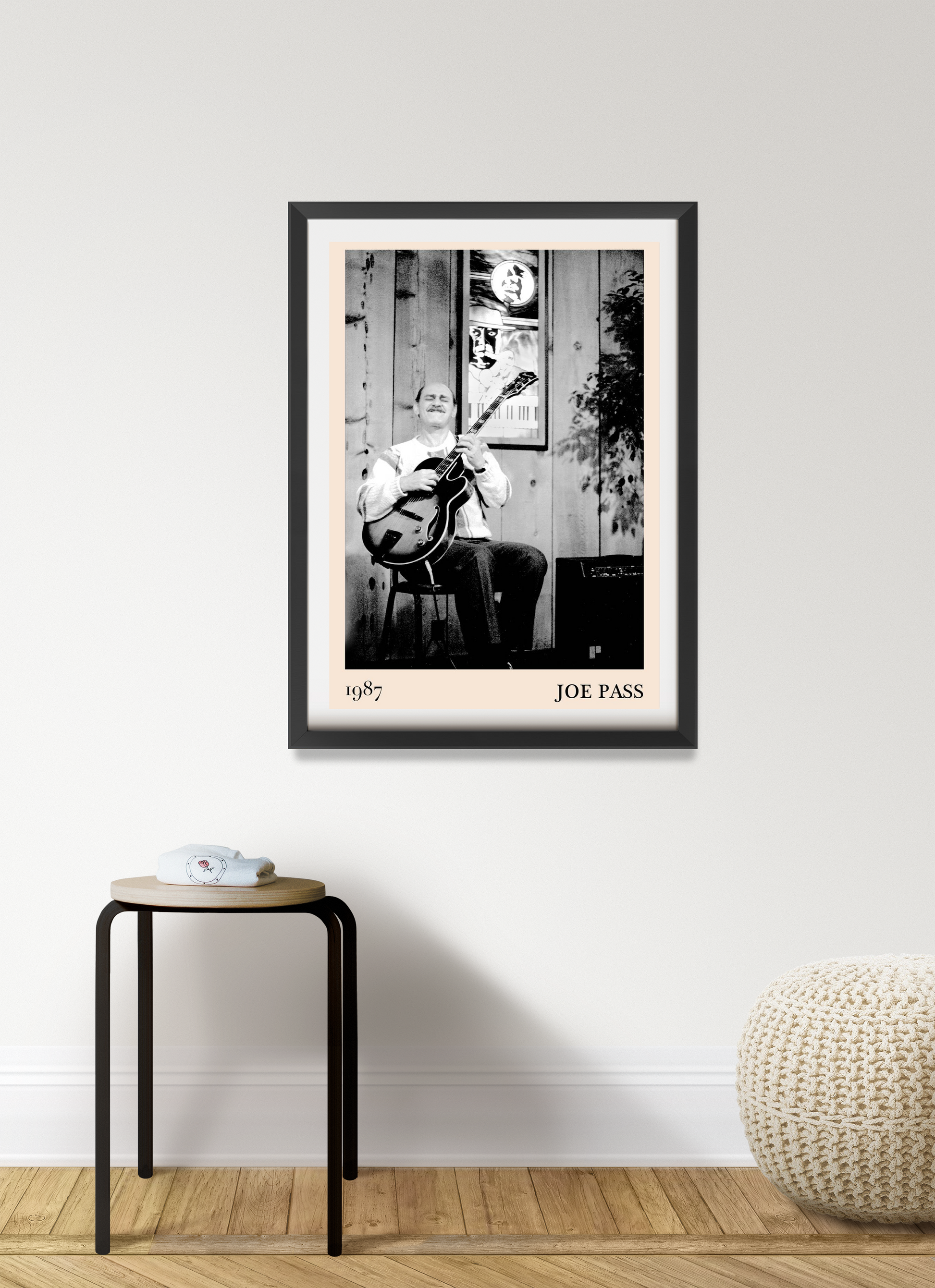 Joe Pass Retro Jazz Poster in portrait 7 mount mockup, black and white jazz guitarist print displayed in modern room decor.