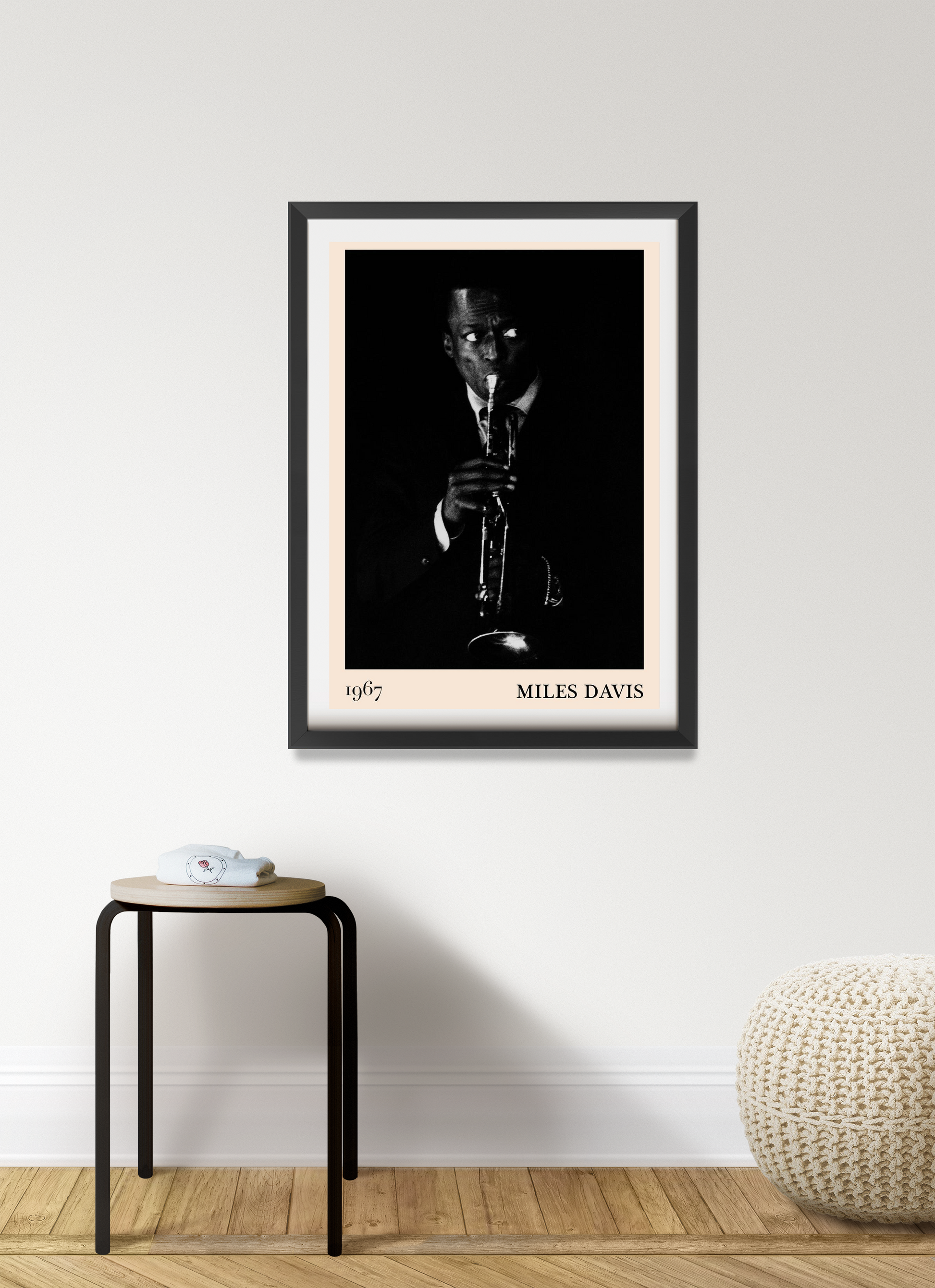 Miles Davis vintage jazz poster in Portrait 7 Mount mockup, black-and-white photo framed on minimalist living room wall.