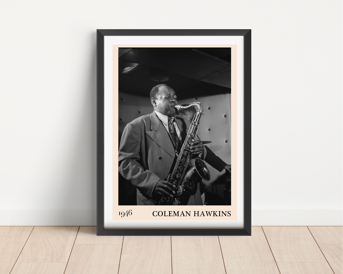 Coleman Hawkins Jazz Concert Poster in portrait mount mockup, featuring black and white saxophonist photo and vintage border