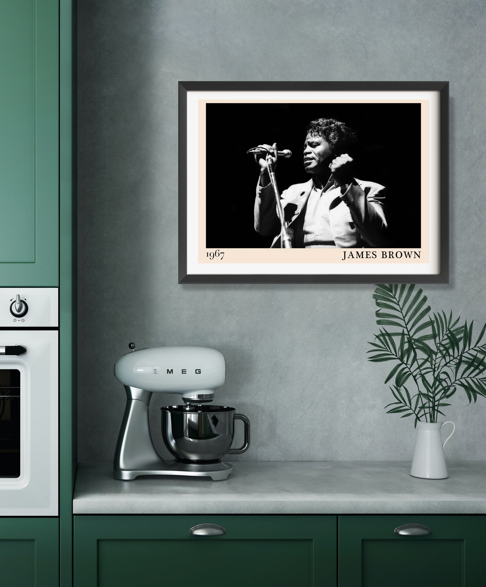 James Brown Retro Soul Poster in landscape 22 mount mockup, black and white design on kitchen wall above counter decor.