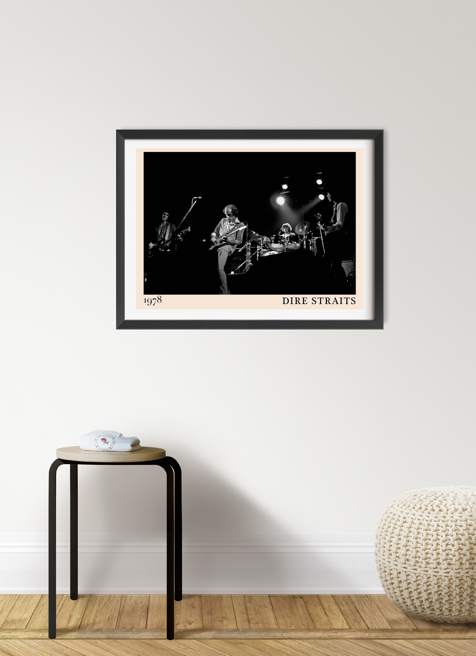 Dire Straits retro poster in landscape 7 mount mockup, black and white band photo framed on modern living room wall.