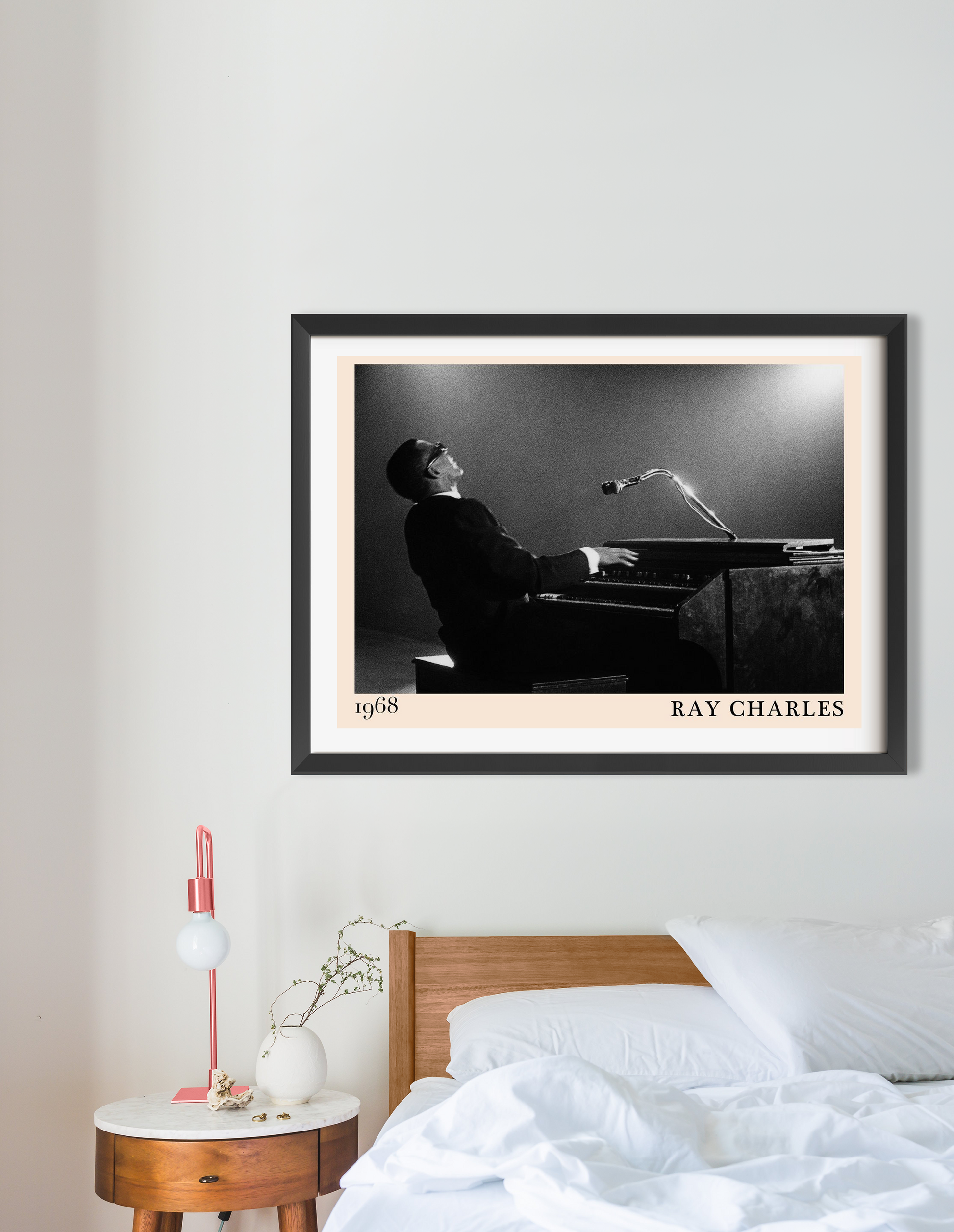 Ray Charles Iconic Jazz Concert Poster in landscape 16 mount, black and white design above modern wooden bed in cozy bedroom.