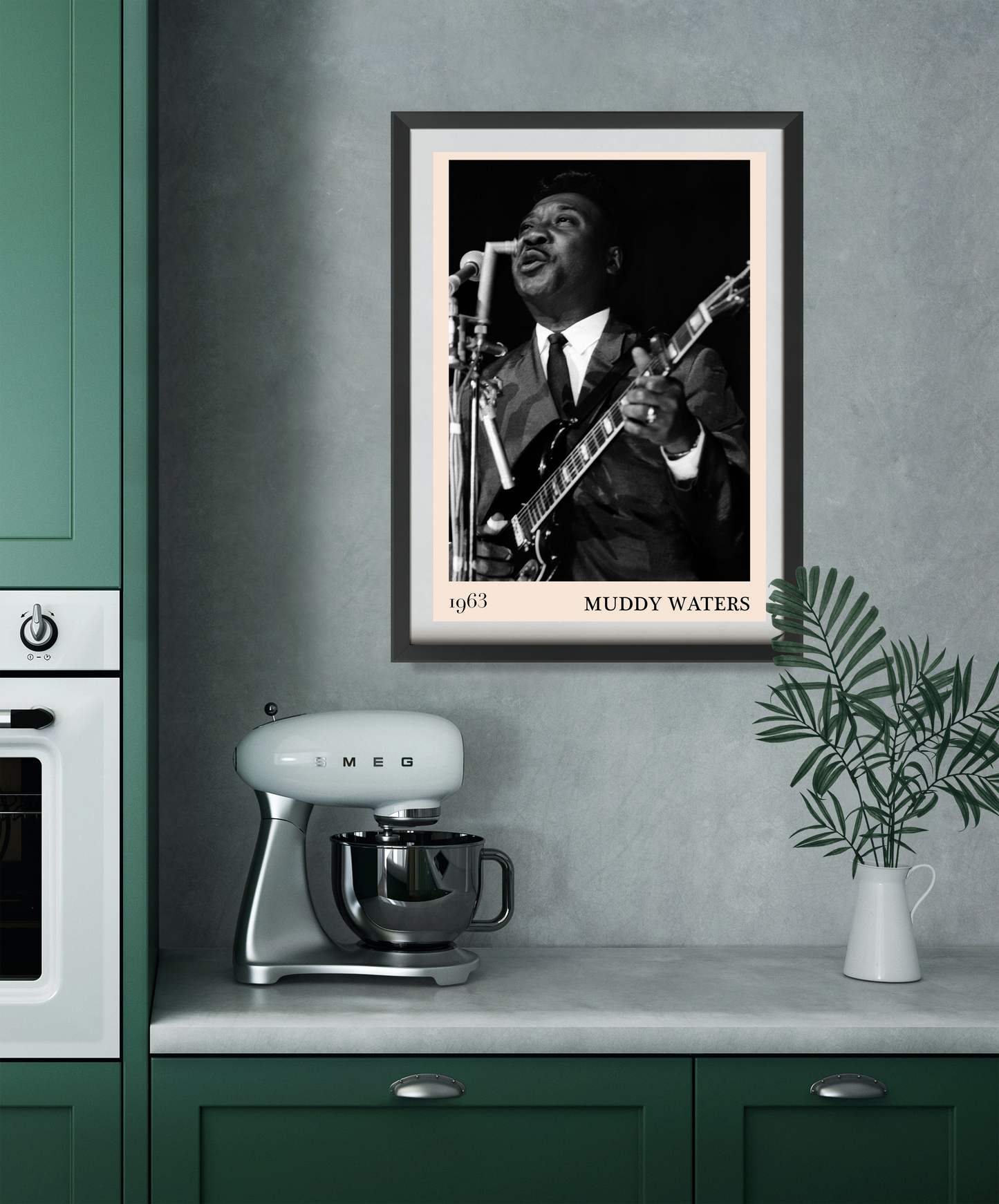 Muddy Water Blues Concert Poster in Portrait 22 Mount mockup, black and white design above kitchen counter with mixer.