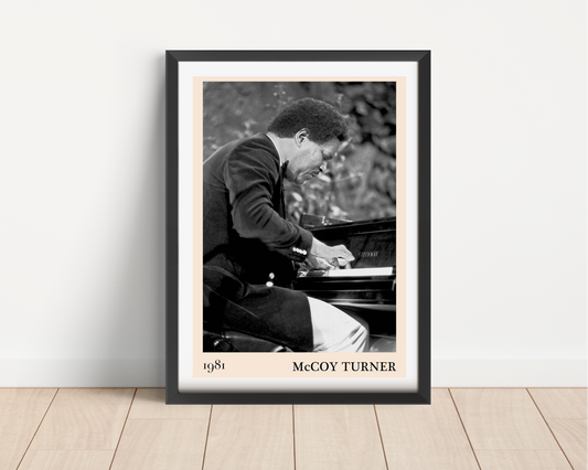 McCoy Turner Jazz Piano Print in portrait mount mockup, black and white pianist artwork framed on minimalist floor.