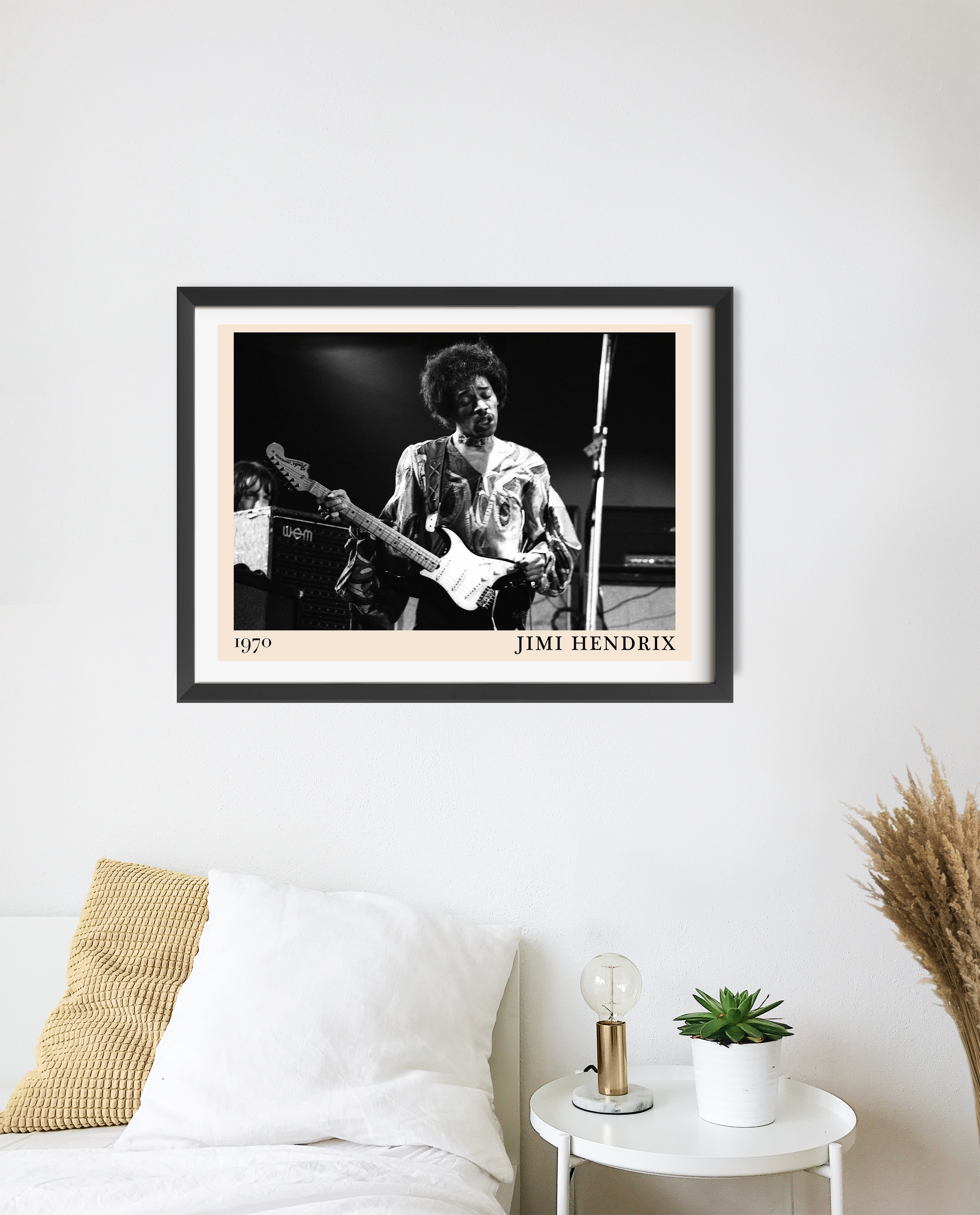 Jimi Hendrix Retro Concert Poster in landscape 20 mount mockup above bed, featuring black and white stage performance design.