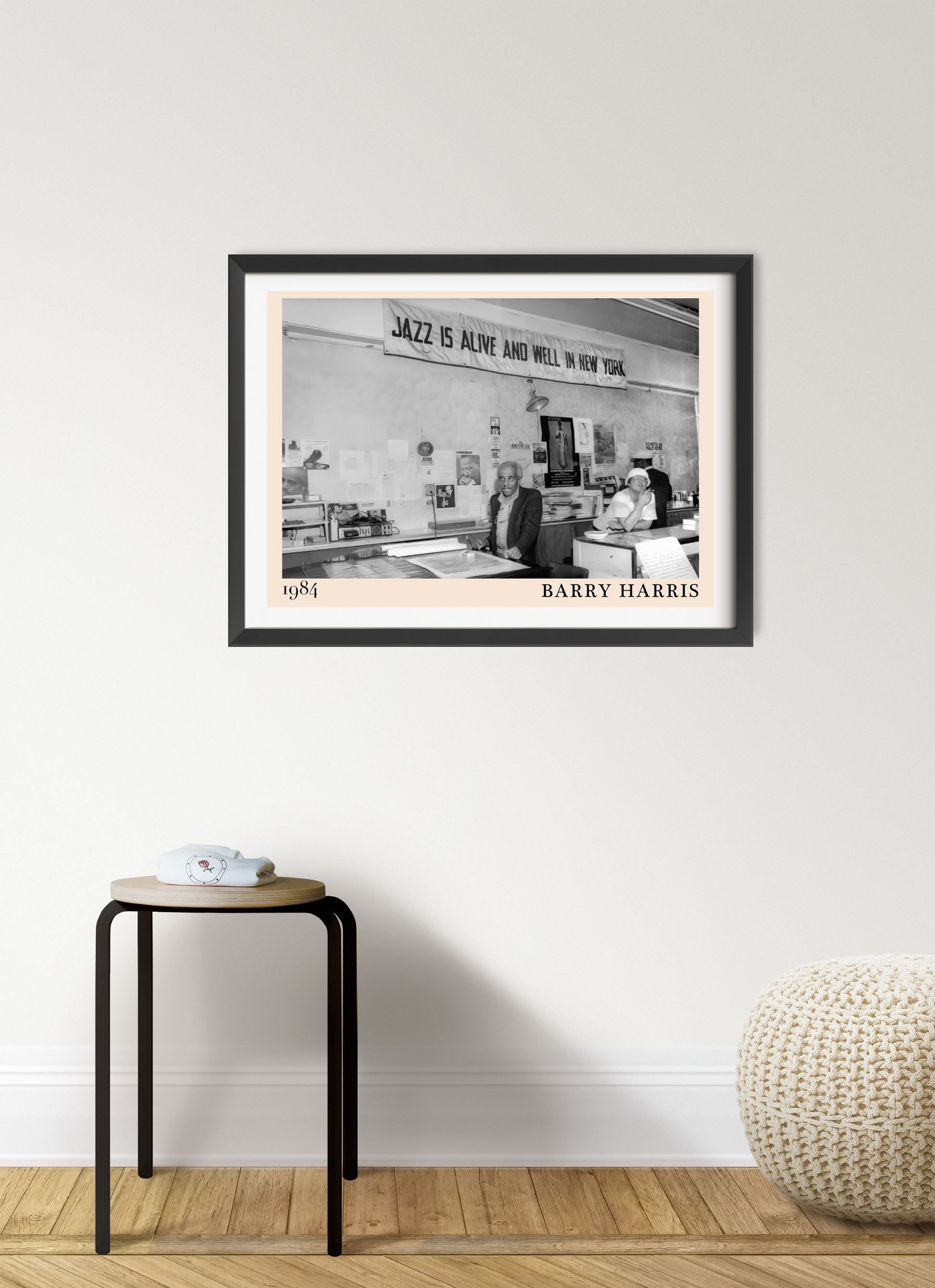 Barry Harris Retro Jazz Poster in landscape 7 mount mockup, black and white jazz scene framed on modern living room wall.