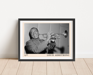 Louis Armstrong Retro Concert Poster mockup in landscape frame on wood floor, vintage black and white jazz design displayed.