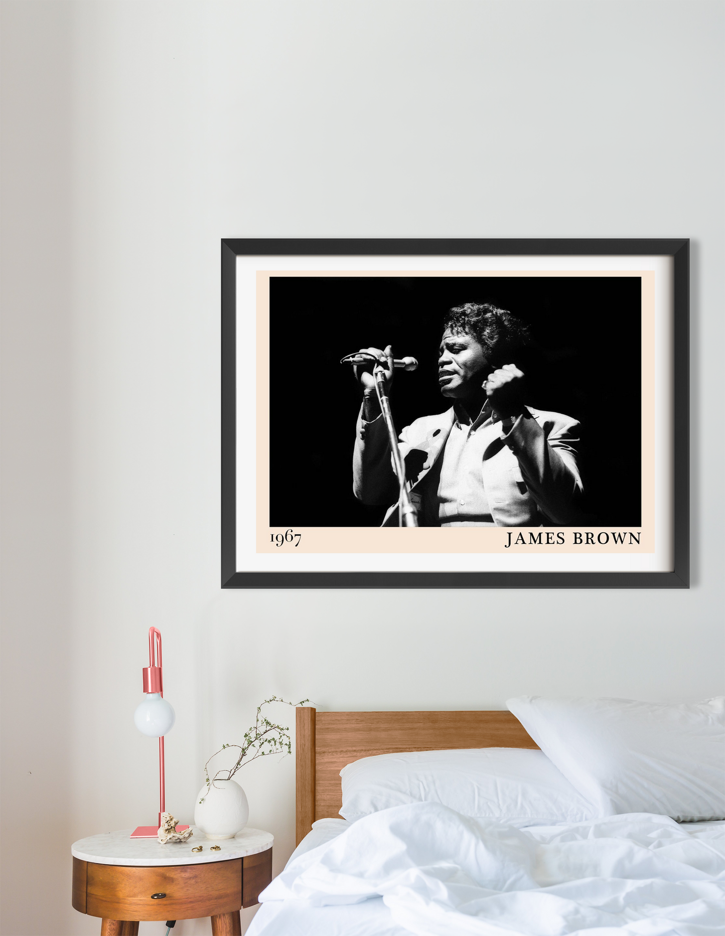 James Brown Retro Soul Poster in a landscape 16 mount mockup above a modern bed, featuring a black-and-white 1967 concert des