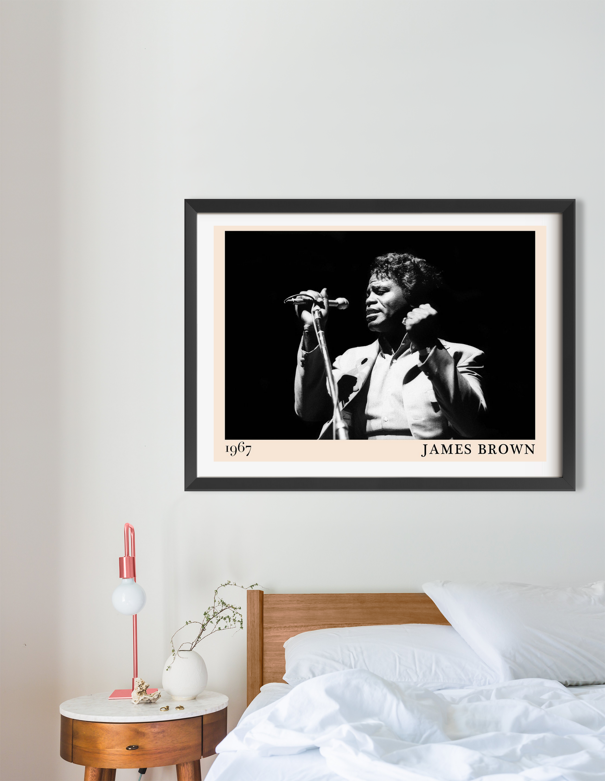 James Brown Retro Soul Poster in a landscape 16 mount mockup above a modern bed, featuring a black-and-white 1967 concert des