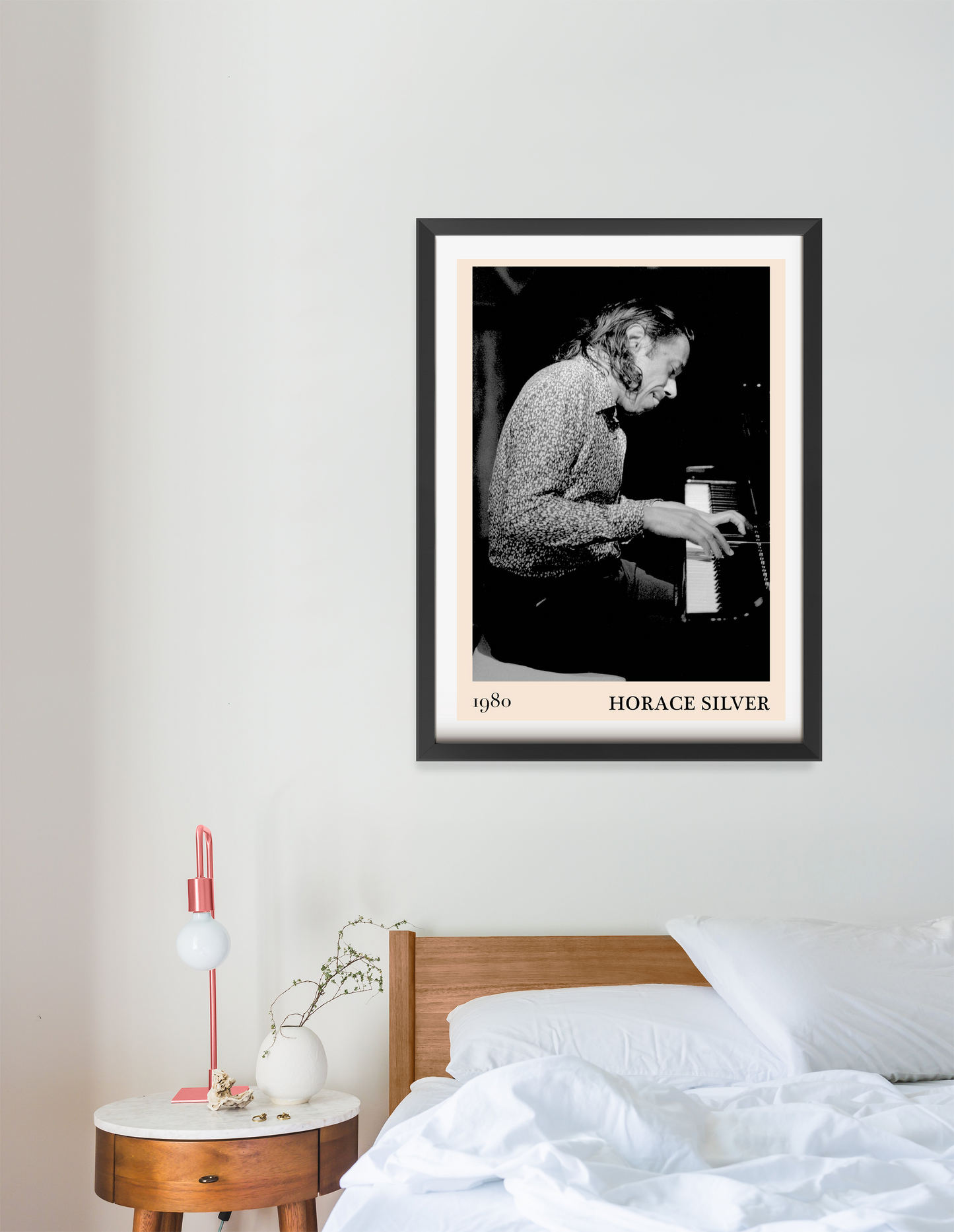 Horace Silver Classic Jazz Print in portrait 16 mount above a modern wooden bed, features black and white pianist artwork.