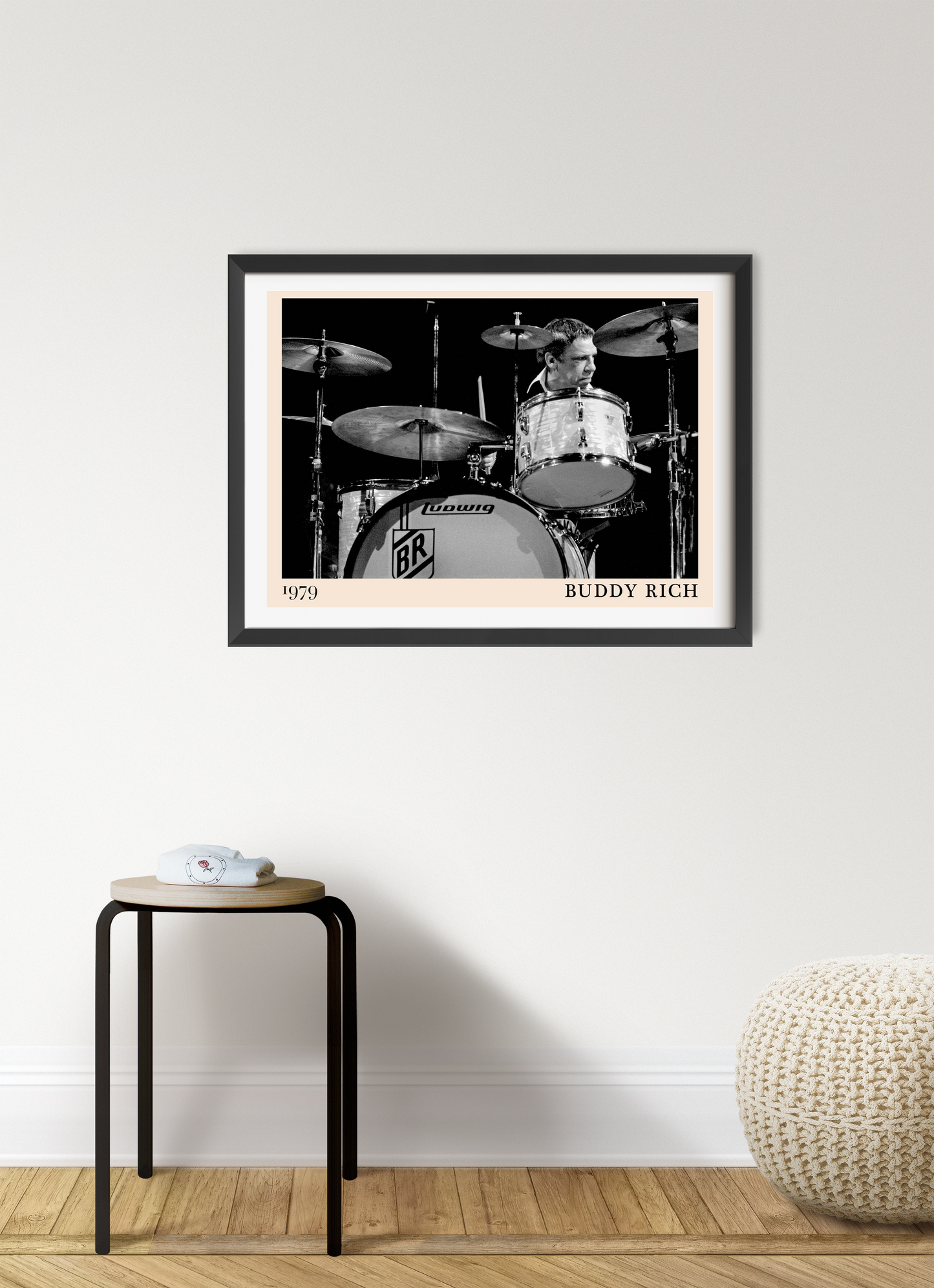 Buddy Rich Jazz Concert Print in landscape 7 mount mockup, black and white drum performance photo, modern wall decor setting