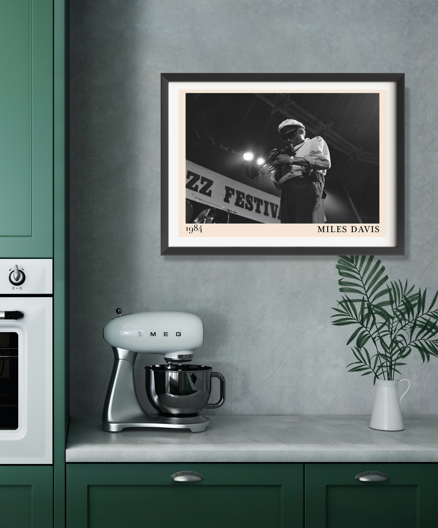 Miles Davis vintage jazz poster in landscape 22 mount mockup, black and white design framed on modern kitchen wall.