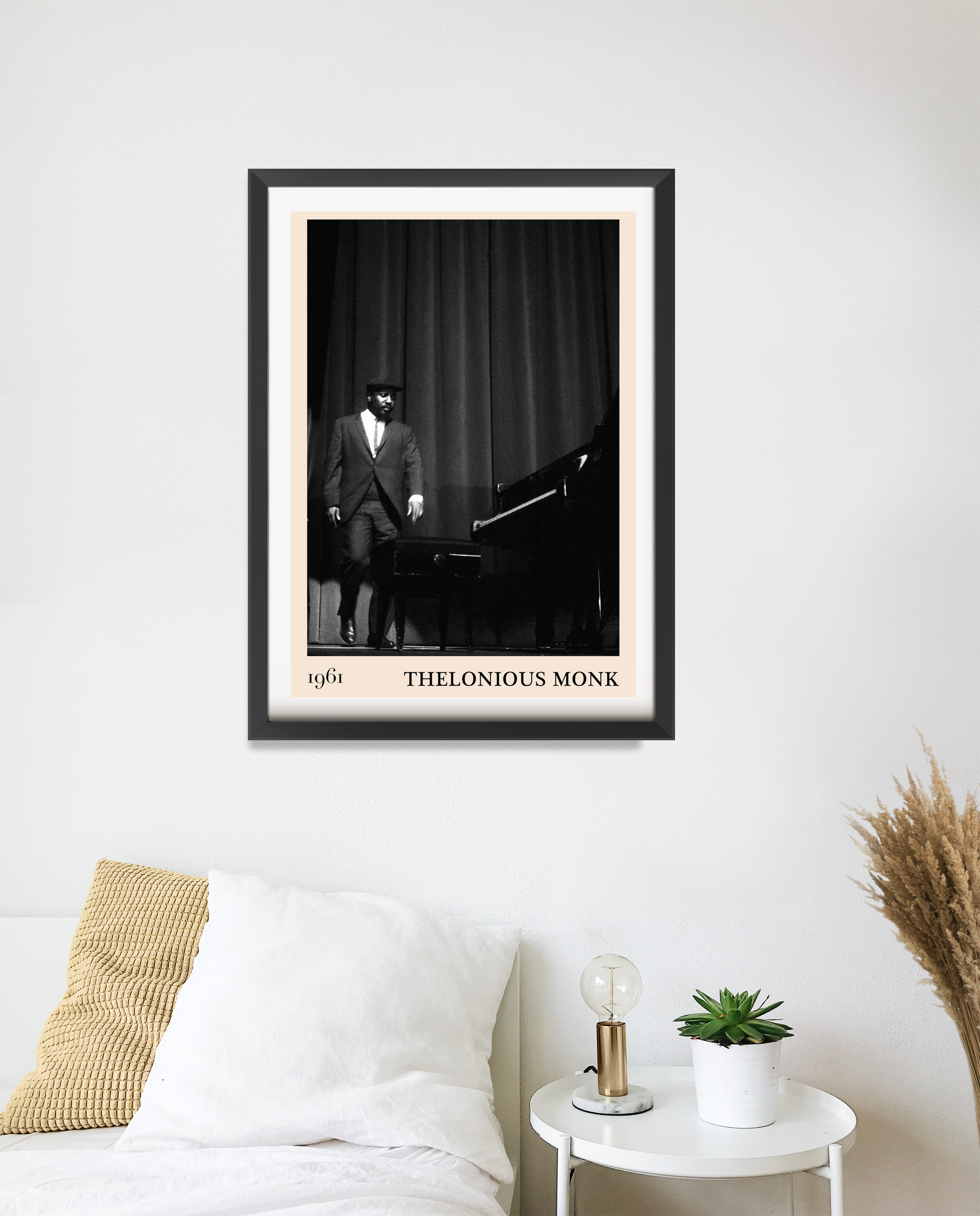 Thelonious Retro Jazz Poster in portrait 20 mount mockup above a modern white bed, black and white jazz stage design featured