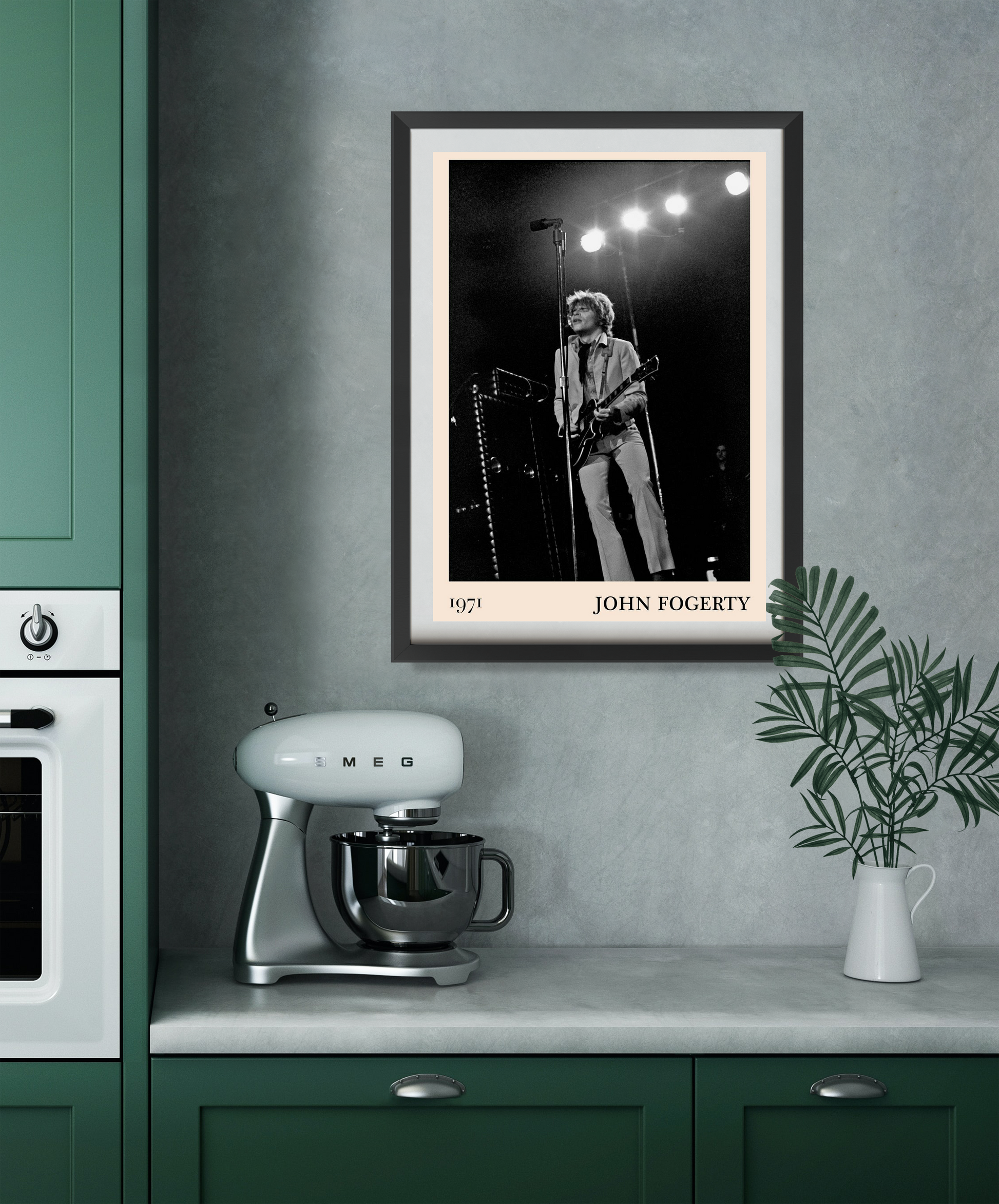 John Fogerty Retro Rock Poster in Portrait 22 Mount mockup, black and white concert design above modern kitchen counter.