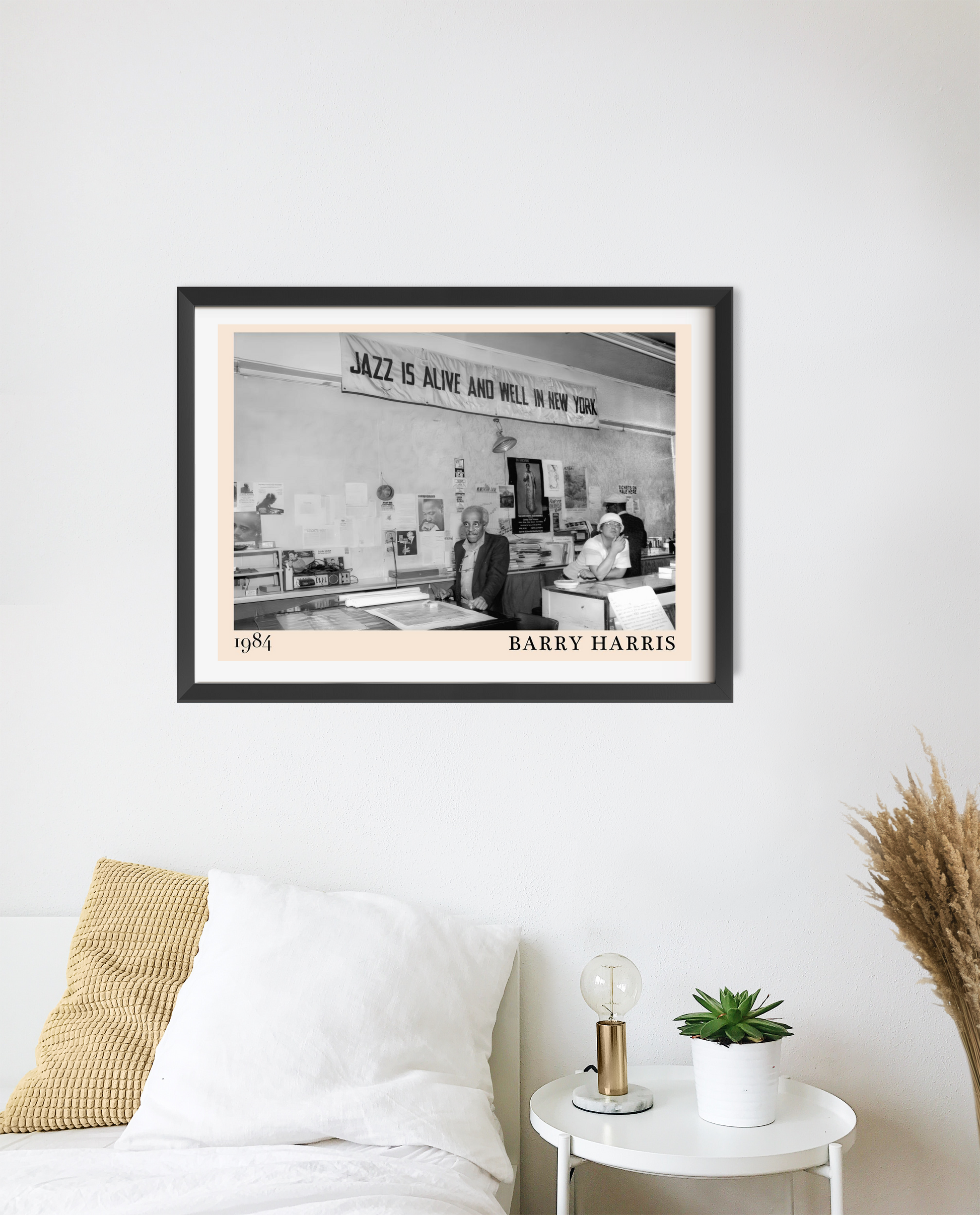 Barry Harris Retro Jazz Poster in landscape mount mockup above a modern bed, black-and-white jazz scene with 1984 and artist