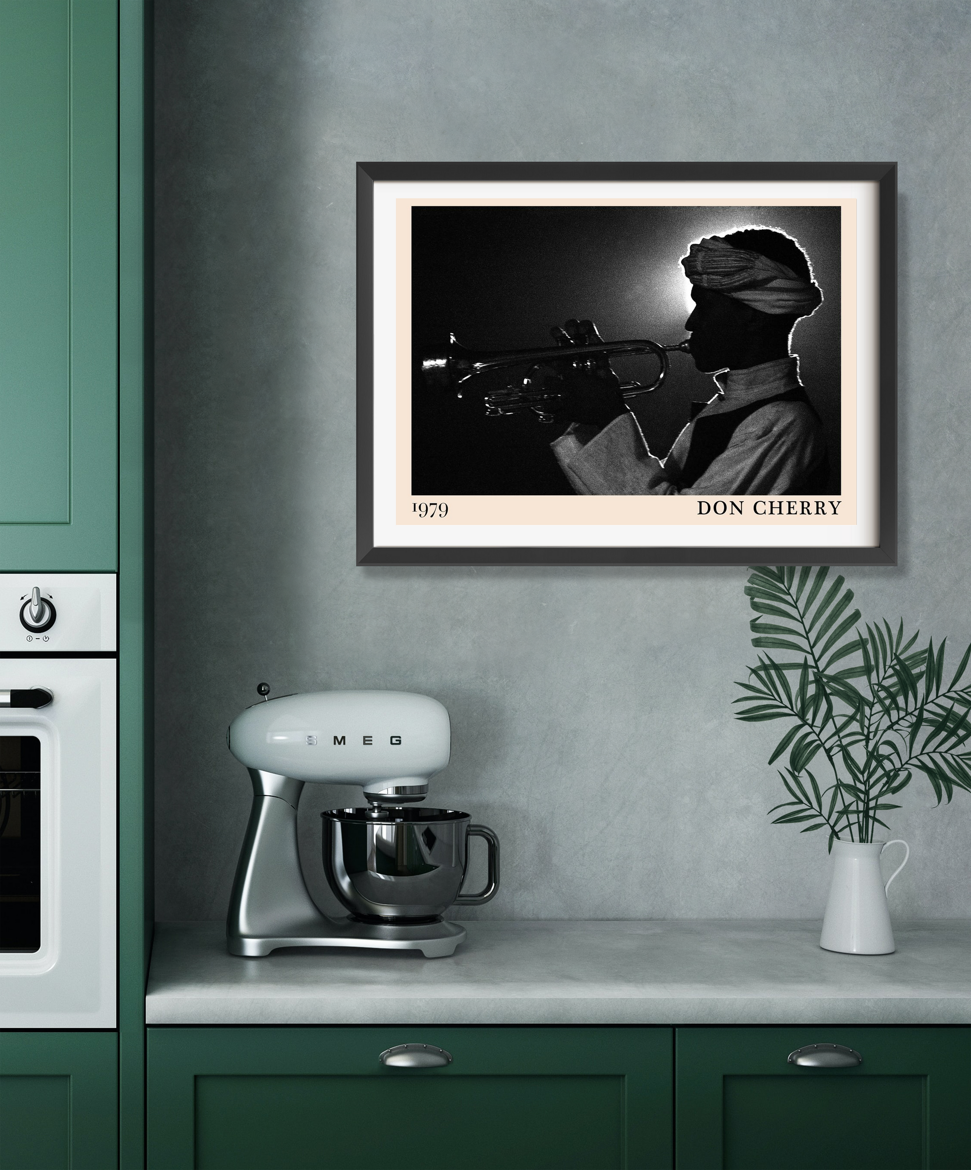 Don Cherry Jazz Poster in landscape 22 mount mockup, black and white trumpet silhouette above modern green kitchen counter.