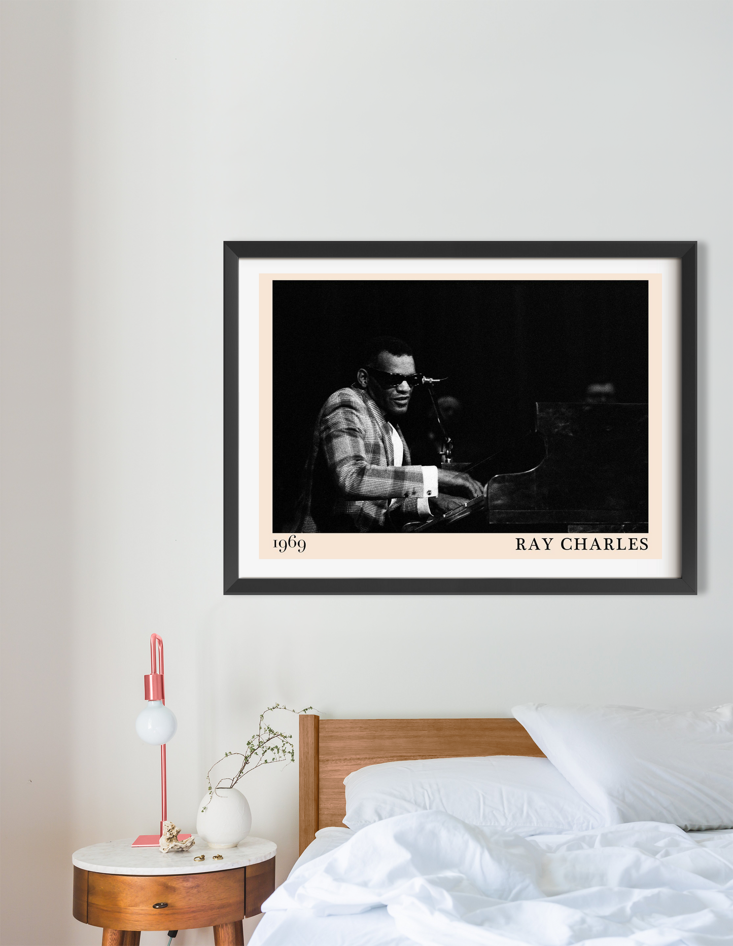 Ray Charles Jazz Concert Poster in landscape 16 mount mockup above a wooden bed, black and white design with bold text.